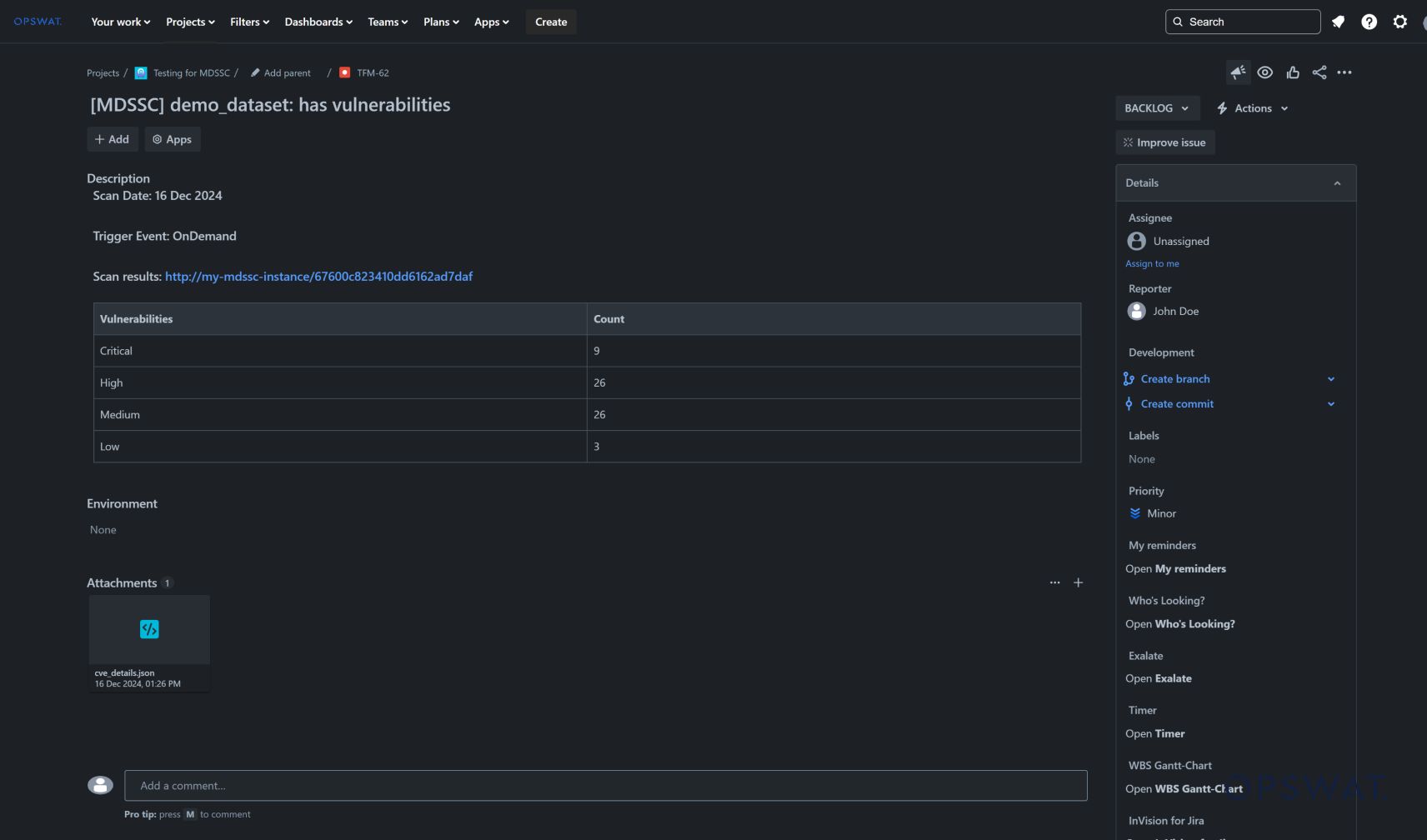 Bir veri kümesi için kritik, yüksek, orta ve düşük güvenlik açıklarını listeleyen bir güvenlik açığı tarama raporu görüntüleyen koyu temalı Jira arayüzü