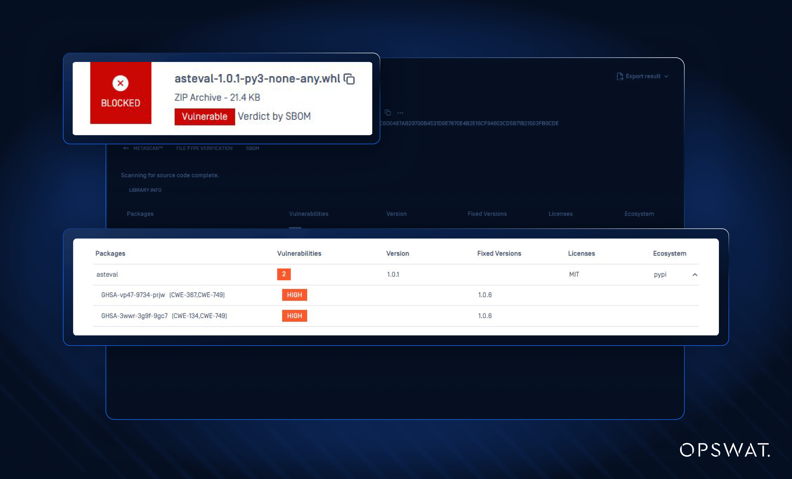 Product UI screenshot demonstrating OPSWAT SBOM identifying libraries and vulnerabilities in Python WHL packages