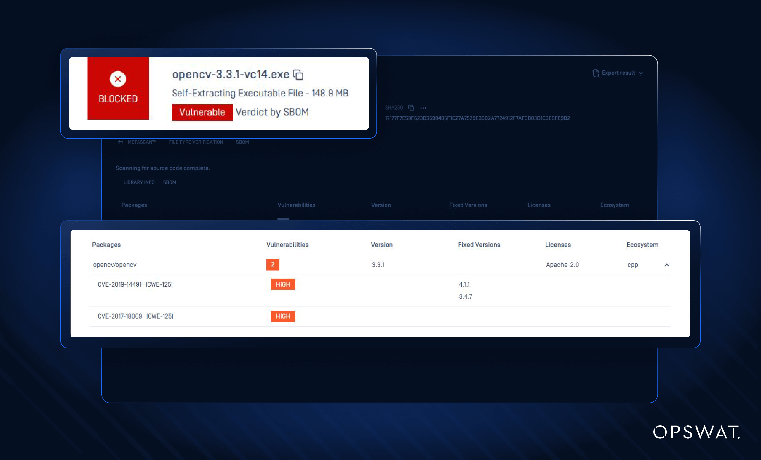 Product UI screenshot visualizing OPSWAT SBOM scanning an EXE file for version, license risks, and ecosystem details
