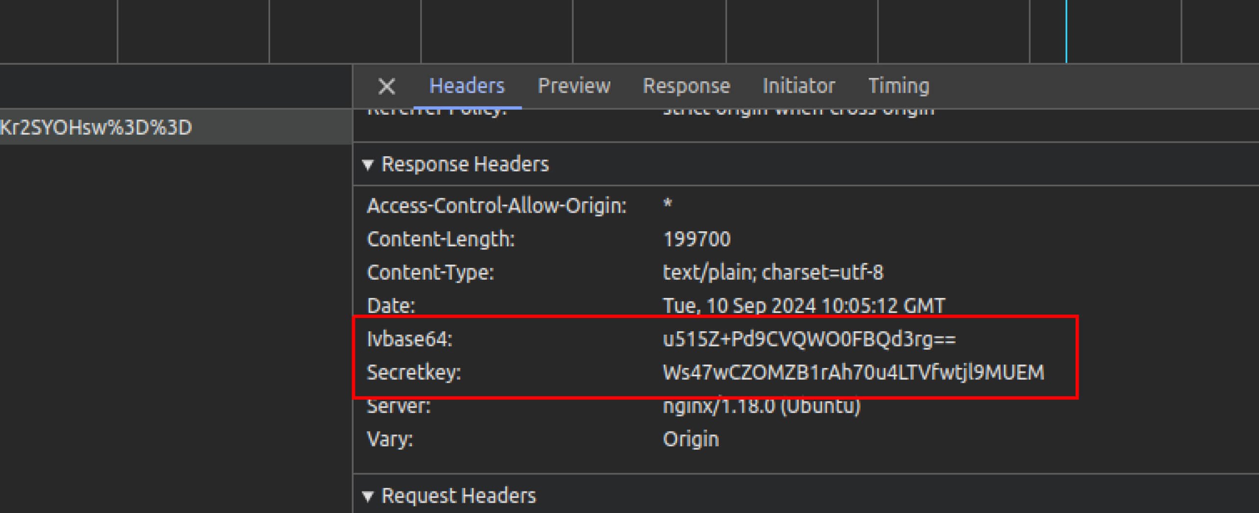 Şifrelenmiş değerleri base64 biçiminde gösteren API başlıklarının ekran görüntüsü