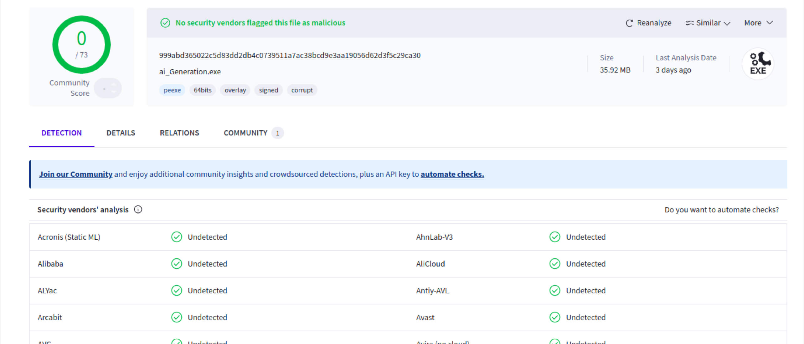 Güvenlik taraması sonucu 73 güvenlik sağlayıcısından hiçbir kötü niyetli faaliyet tespit edilmediğini gösteriyor