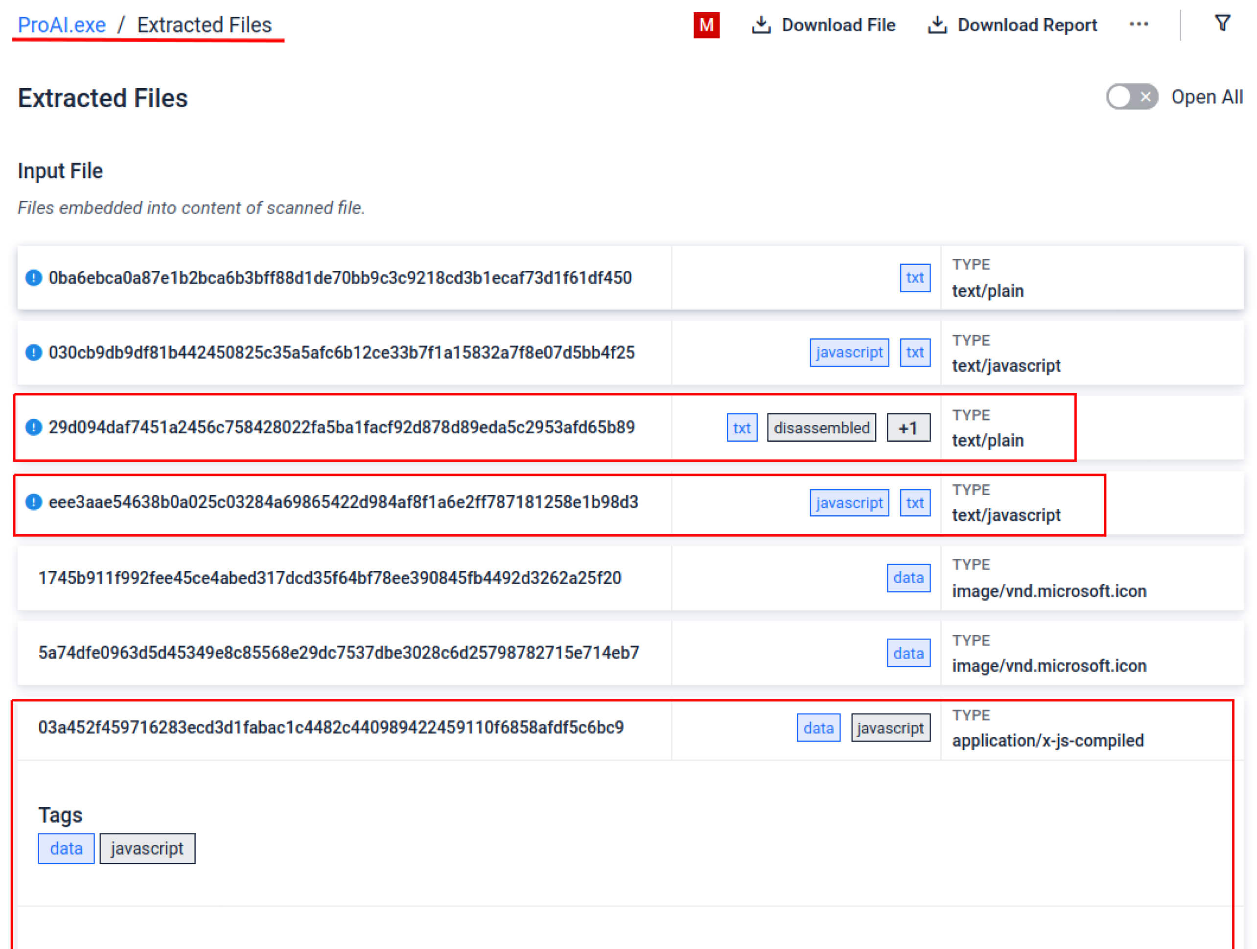 Taranan bir yürütülebilir dosyadan çıkarılan dosyaların dosya türlerini ve ayrıntılarını gösteren ekranı