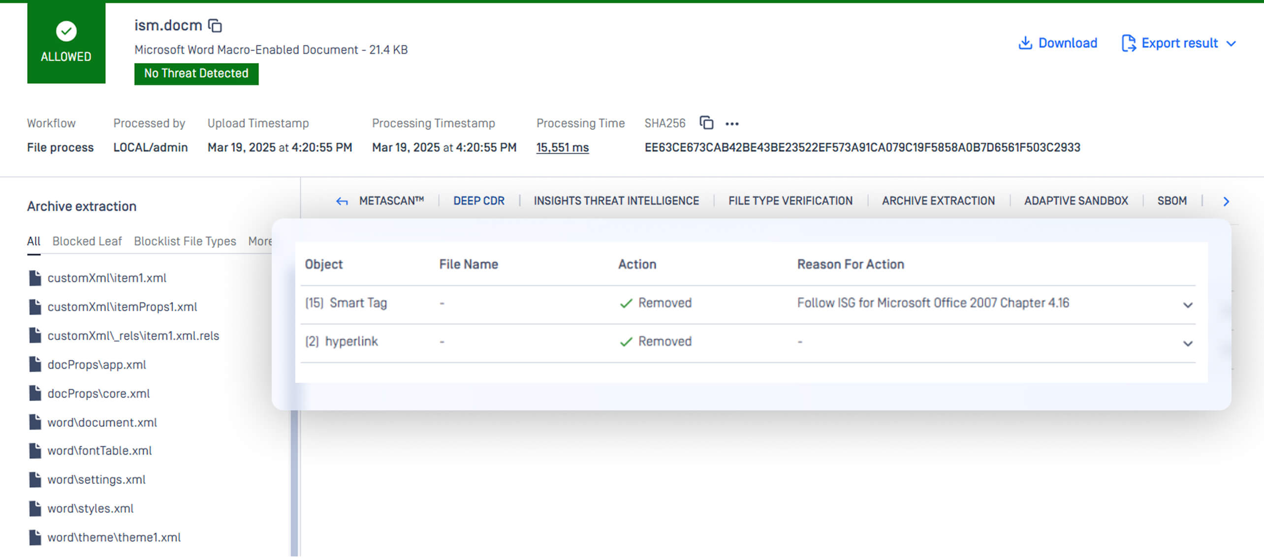 Capture d'écran illustrant l'assainissement des documents et la transparence des motifs d'action dans la détection des menaces