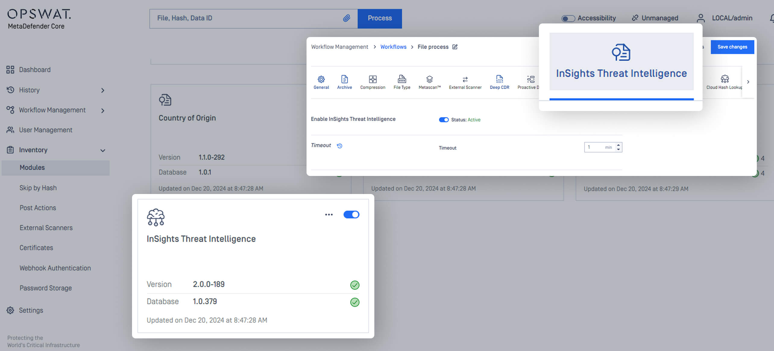 MetaDefender Core configuration screen illustrating InSights Threat Intelligence Engine setup