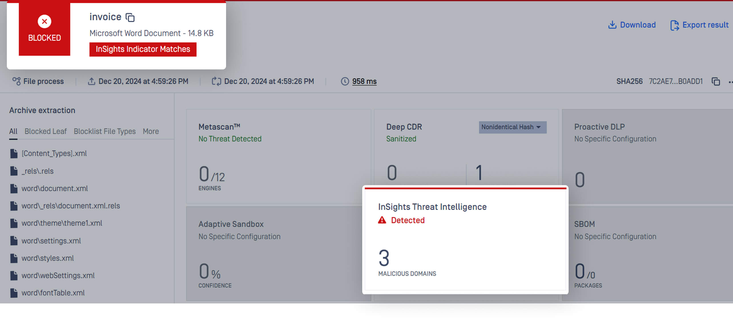 MetaDefender Core dashboard screenshot illustrating detection of malicious IPs and domains in a scanned file