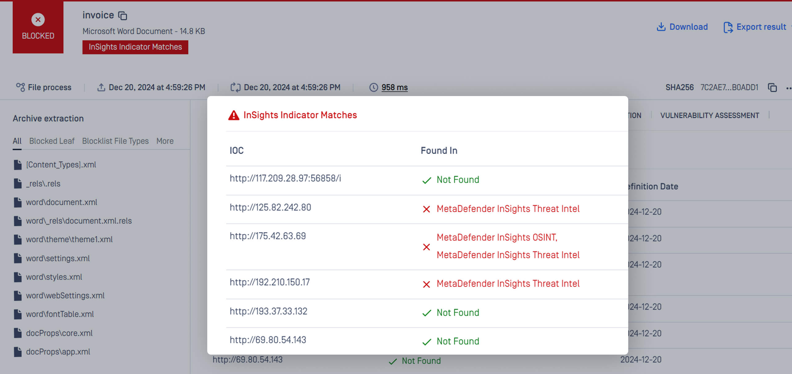 Scan results interface illustrating a list of detected IOCs with threat intelligence context in MetaDefender Core