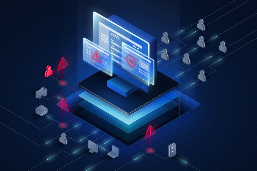 Graphic illustrating threat intelligence ecosystem with network nodes and data flow lines