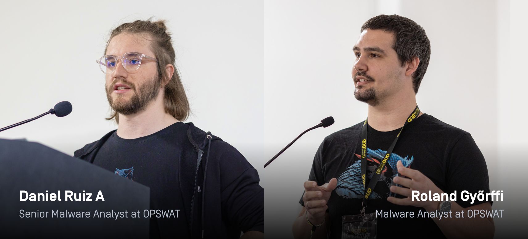 MetaDefender Sandbox Team presents groundbreaking research; two OPSWAT analysts speak at a conference podium