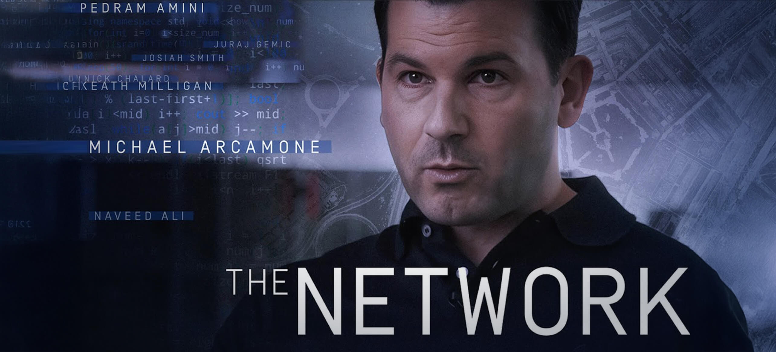 Documentary graphic for 'The Network', illustrating cybersecurity intelligence warfare