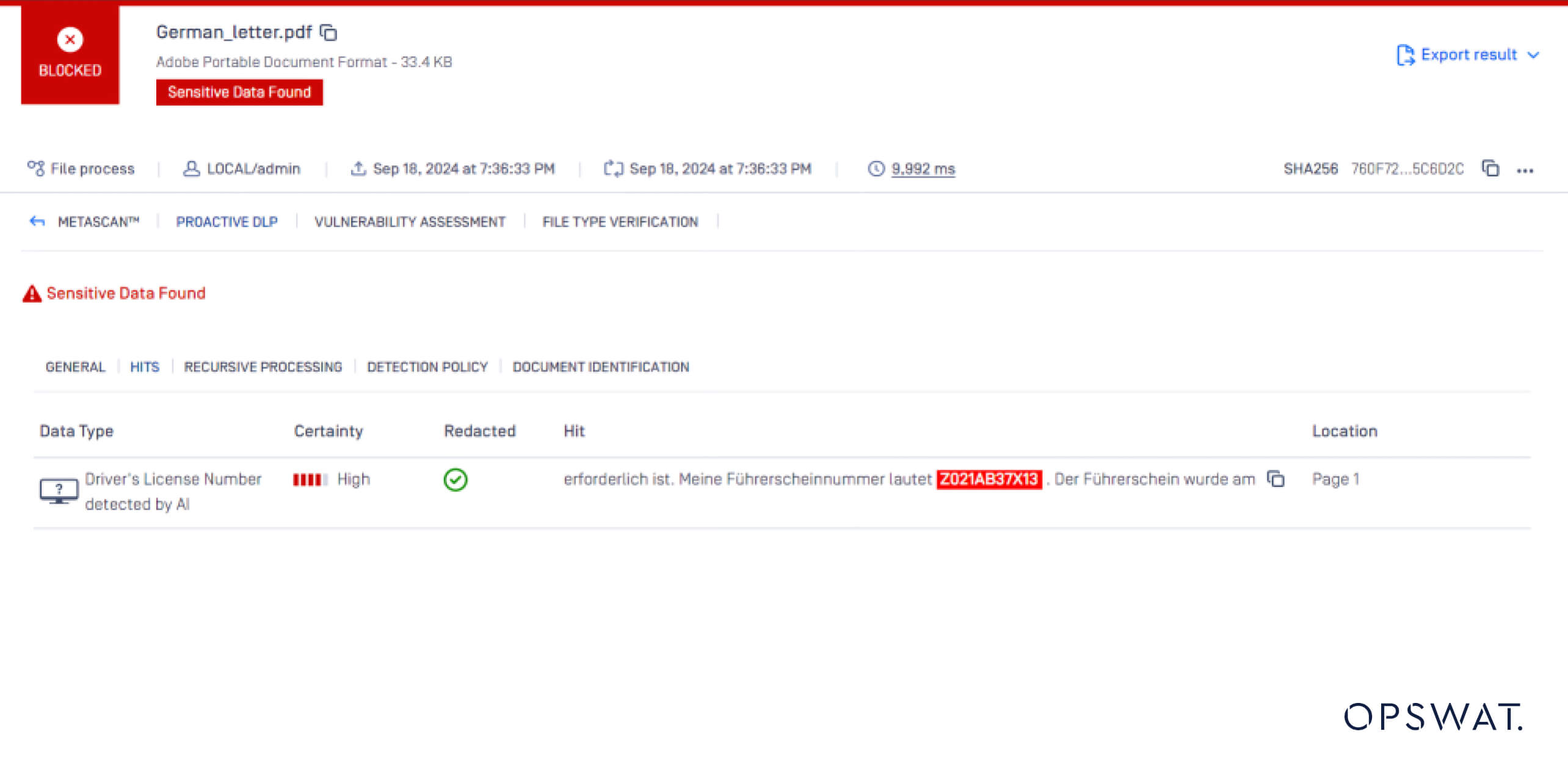 OPSWAT Proactive DLP 人工智能驱动的 PII 检测截图,显示了被屏蔽文件中一个经过编辑的驾驶执照号码