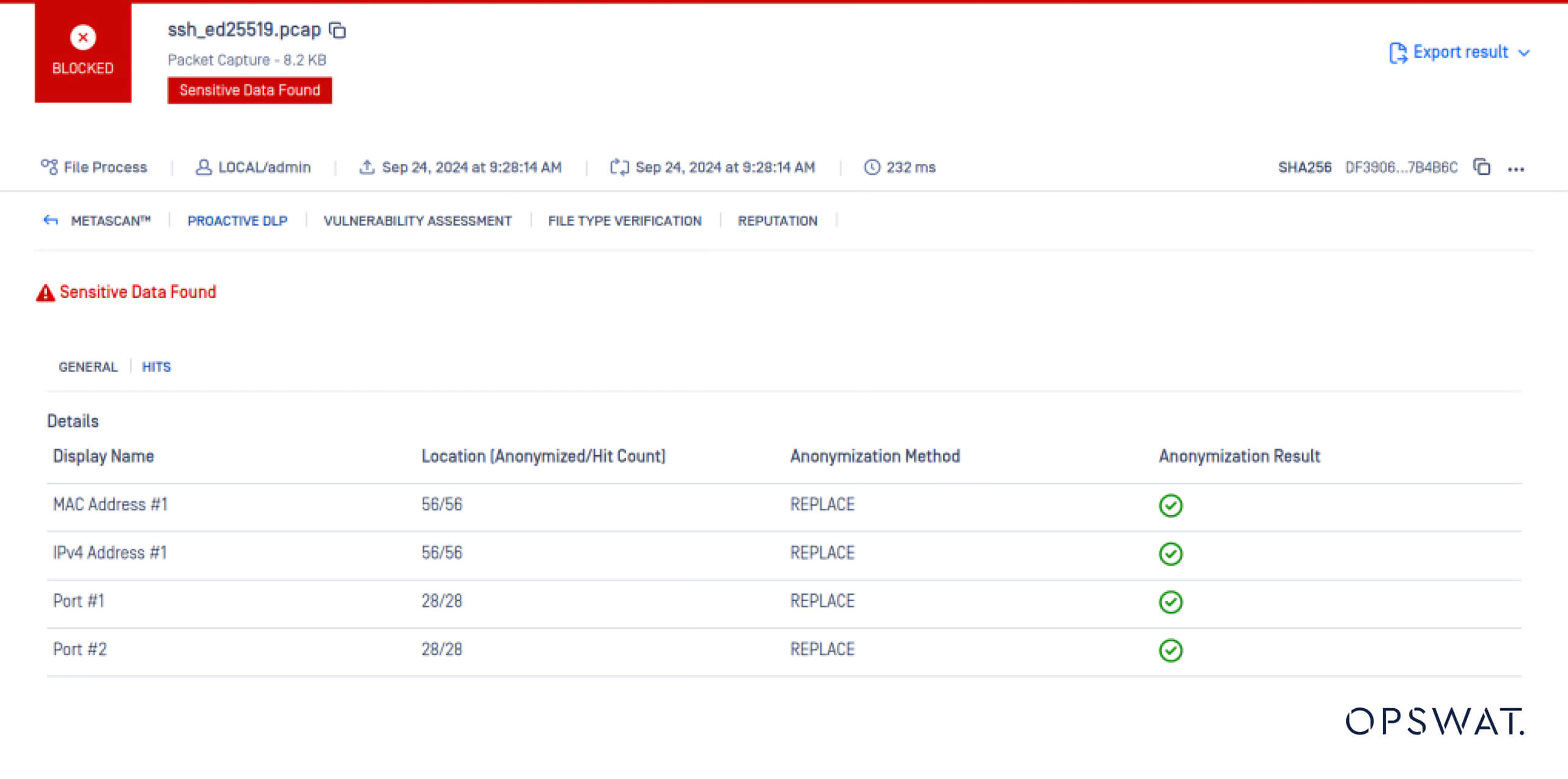 PCAP 文件匿名化详细信息的截图,成功替换了敏感数据。OPSWAT Proactive DLP