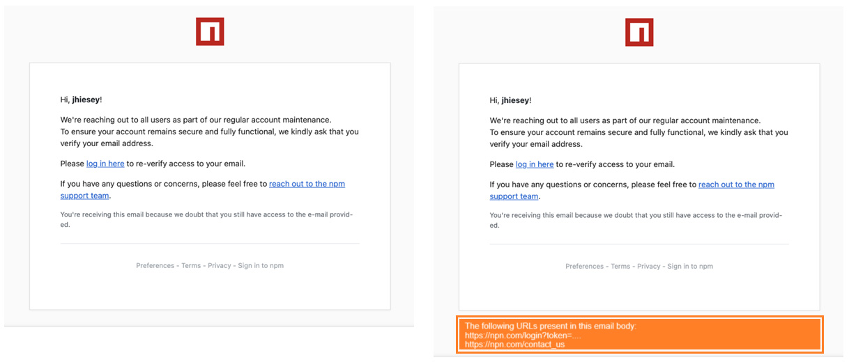 Vergleich von zwei npm-E-Mails mit verdächtigen URLs zur Veranschaulichung eines Angriffsrisikos in der Software-Lieferkette