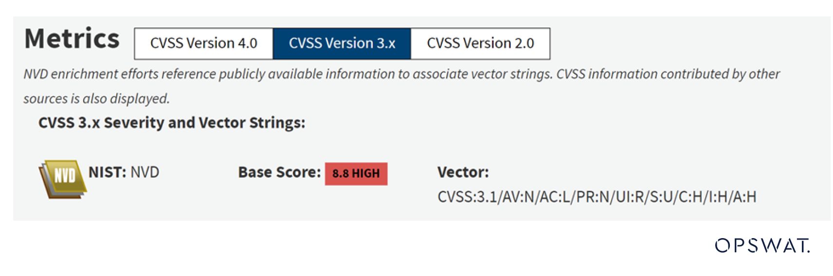 لقطة شاشة تُظهر درجة الخطورة الأساسية ل CVSS 3.x البالغة 8.8 (عالية) مع وصف تفصيلي للناقلات من NVD