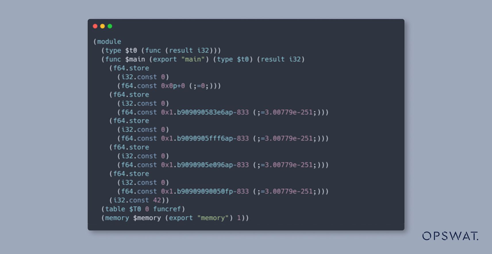 مقتطف كود مكتوب بلغة WebAssembly يوضح الوصول إلى الذاكرة وتخزين الوظائف