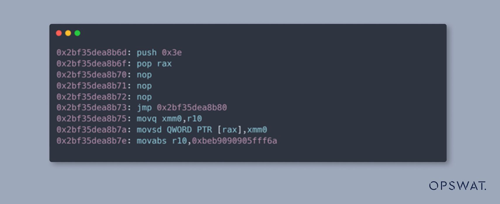 مقتطف كود تجميعي يوضح تعليمات نقل البيانات إلى السجلات