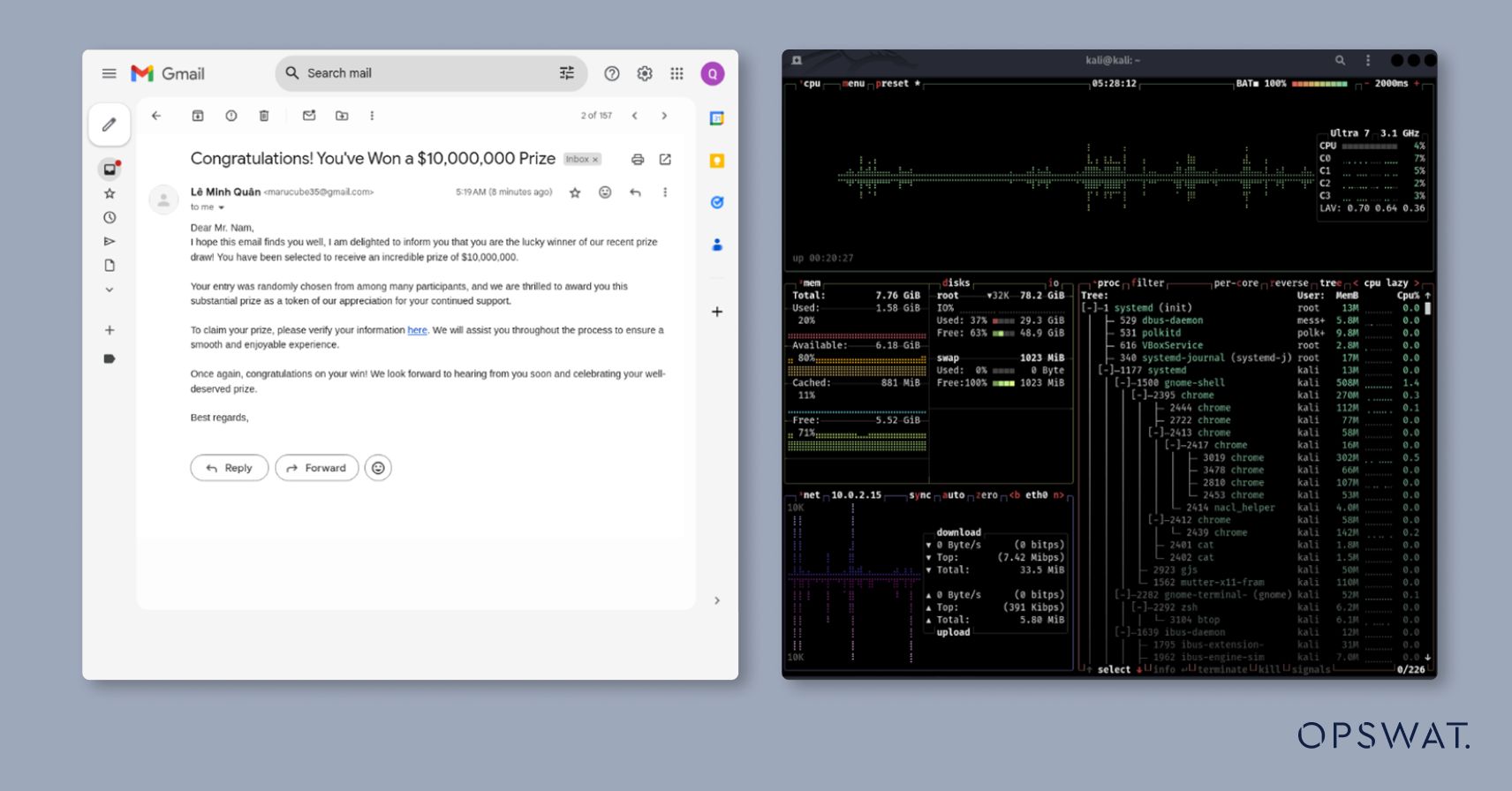 لقطة شاشة تُظهر رسالة بريد إلكتروني للتصيد الاحتيالي إلى جانب أداة مراقبة النظام، مما يدل على تنفيذ الهجوم