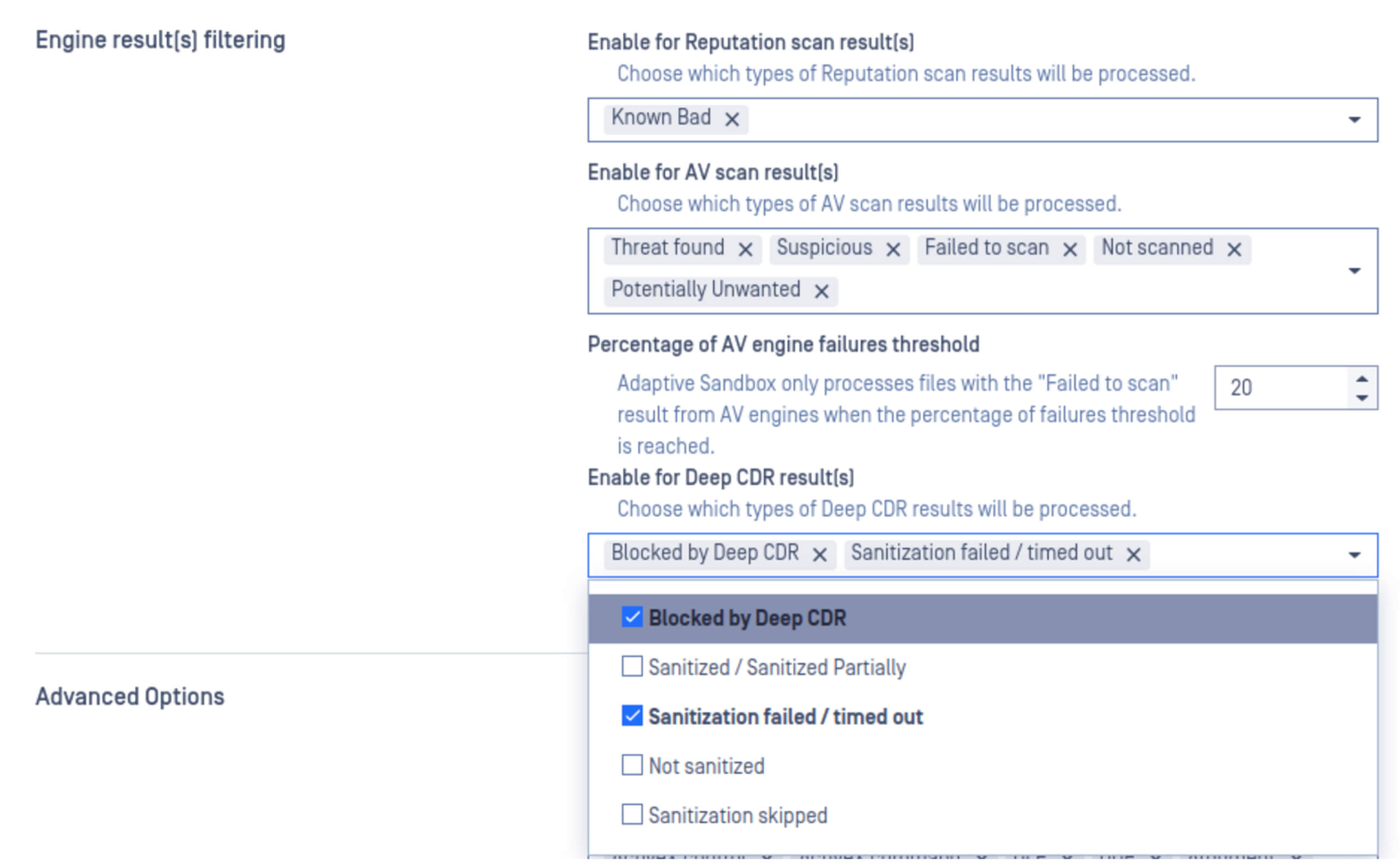 Konfigurationsbildschirm zum Filtern von Scan-Ergebnissen in MetaDefender, Hervorhebung von Optionen wie Deep CDR und AV-Scan-Einstellungen