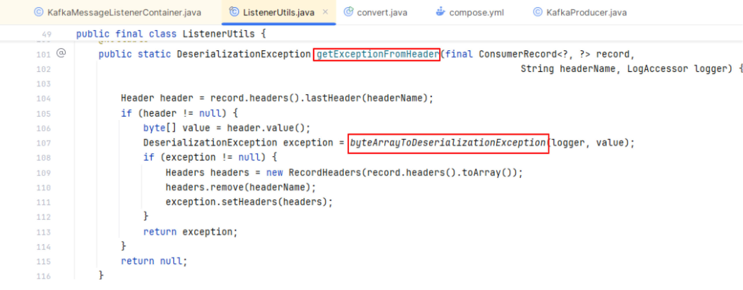 تقوم طريقة جافا getExceptionFromHeader باستخراج استثناءات إلغاء التحويل من رؤوس رسائل كافكا