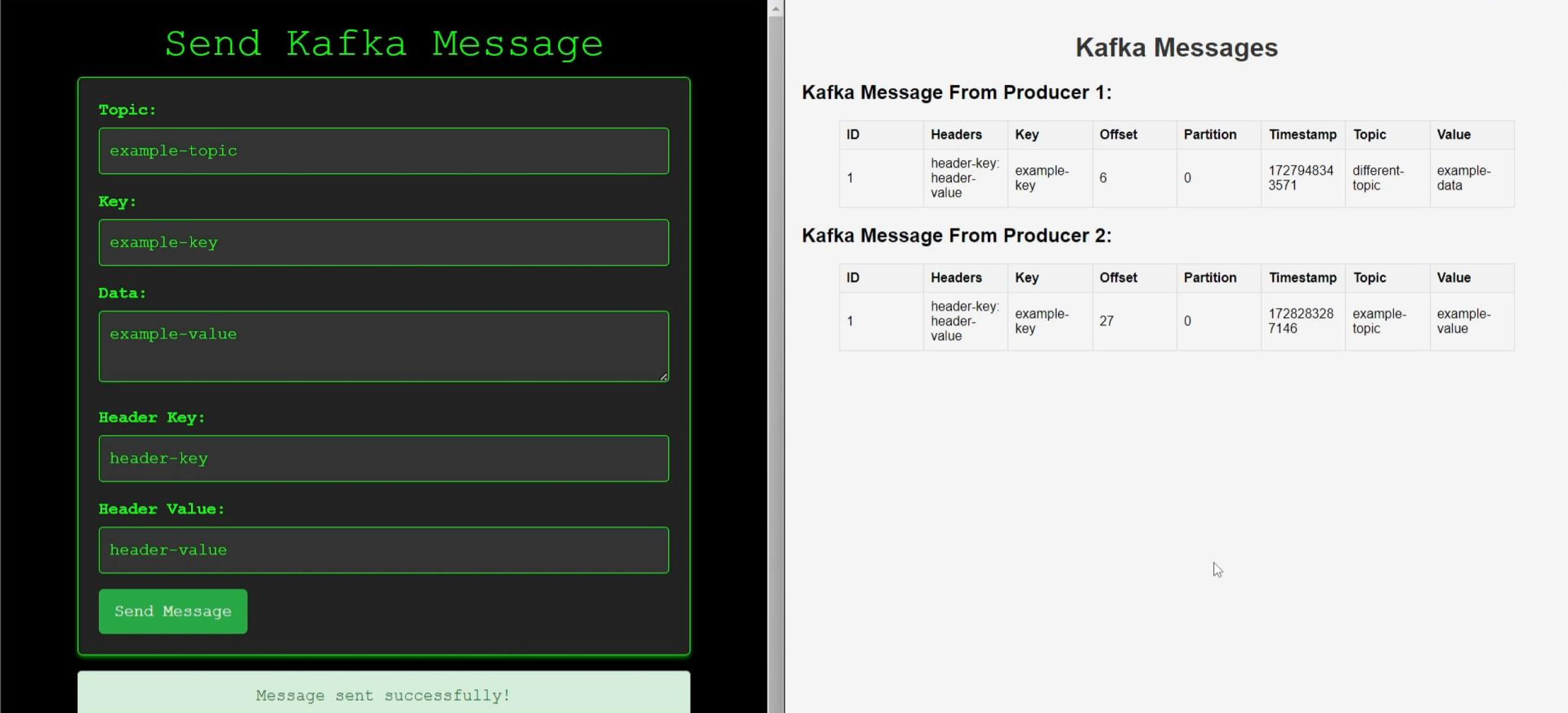 واجهة المستخدم لإرسال رسائل كافكا، تعرض نموذج رسالة ورسائل مستلمة من منتجين