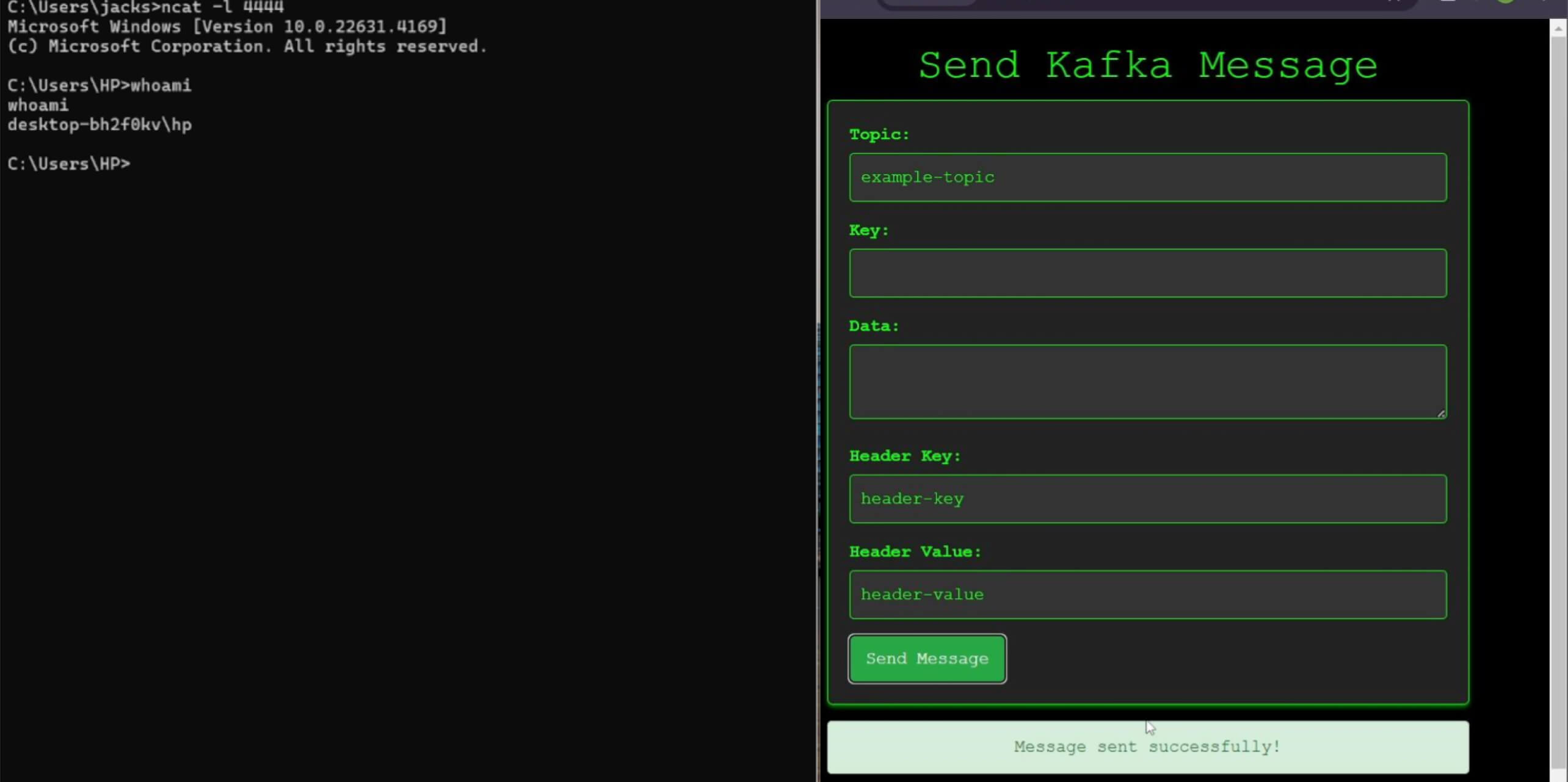 واجهة المستخدم الطرفية ومرسل رسائل Kafka، مما يوضح حقن الرسائل مع تنفيذ أمر في بيئة Windows
