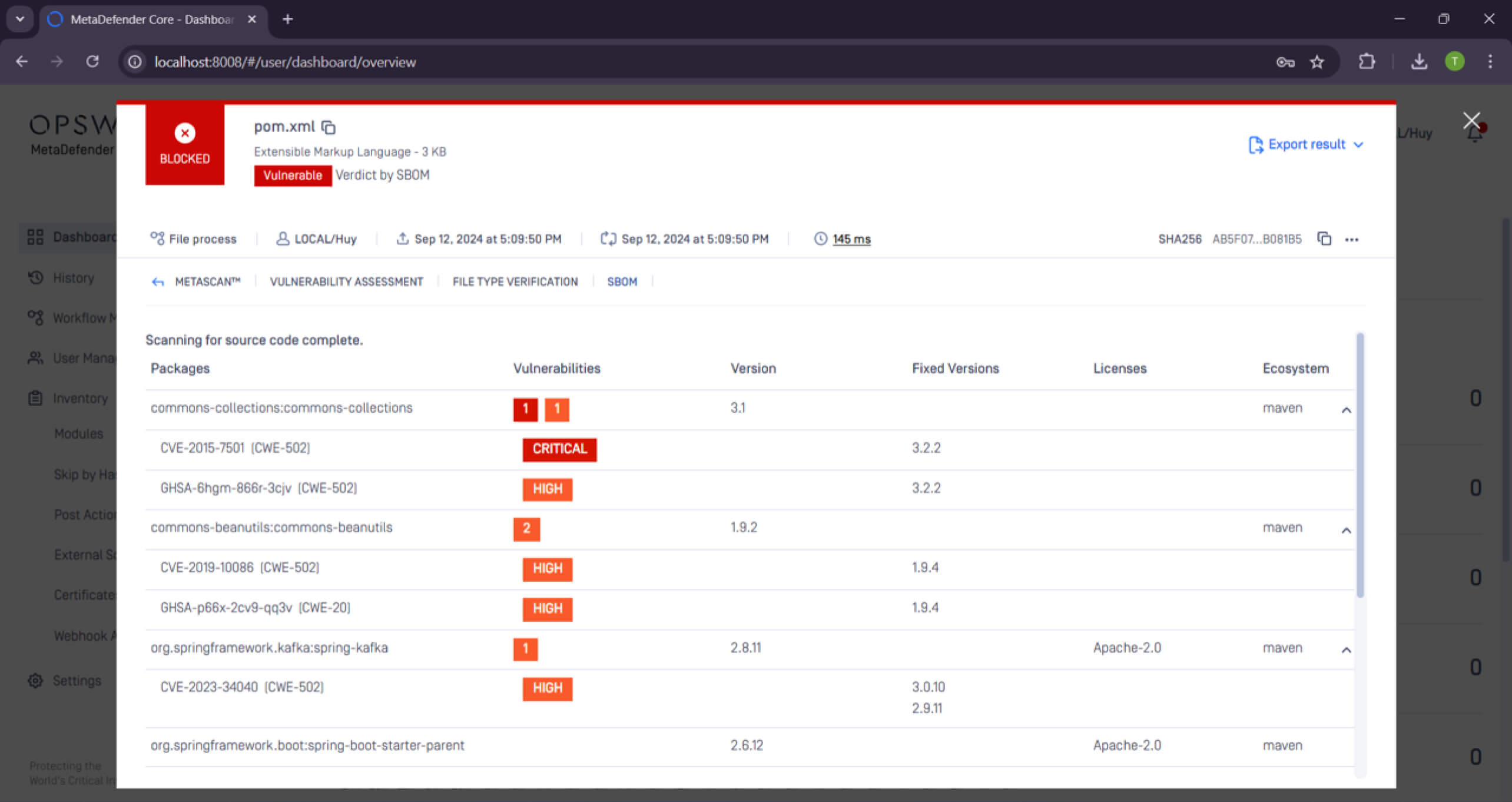 لقطة شاشة للوحة معلومات تعرض ملف XML محجوباً يحتوي على نقاط ضعف حرجة وعالية