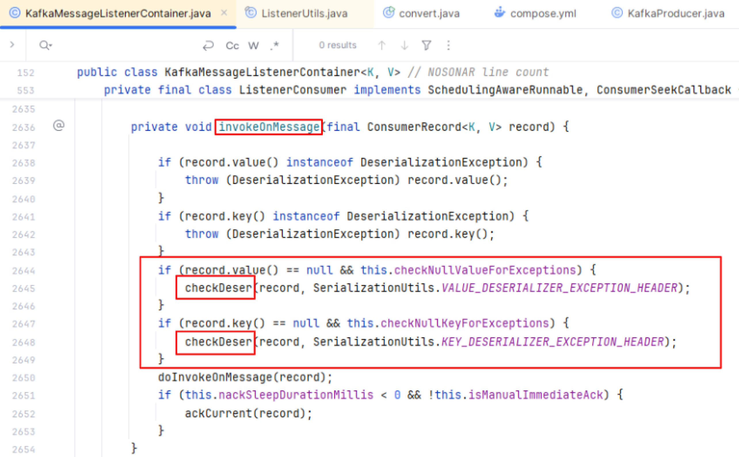 مقتطف شيفرة جافا مميز يوضح معالجة الاستثناءات لإلغاء تهيئة الرسائل في مستهلك كافكا.