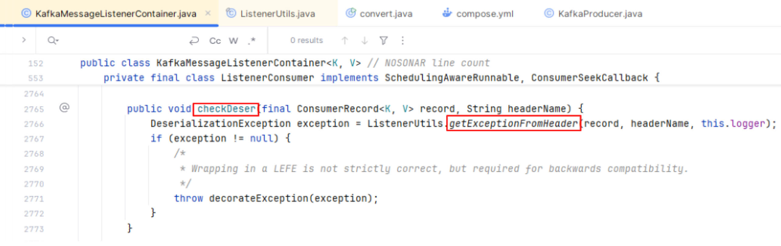 يقوم أسلوب جافا checkDeser باستدعاء getExceptionFromHeader لمعالجة استثناءات إلغاء التسلسل في معالجة رسائل كافكا.