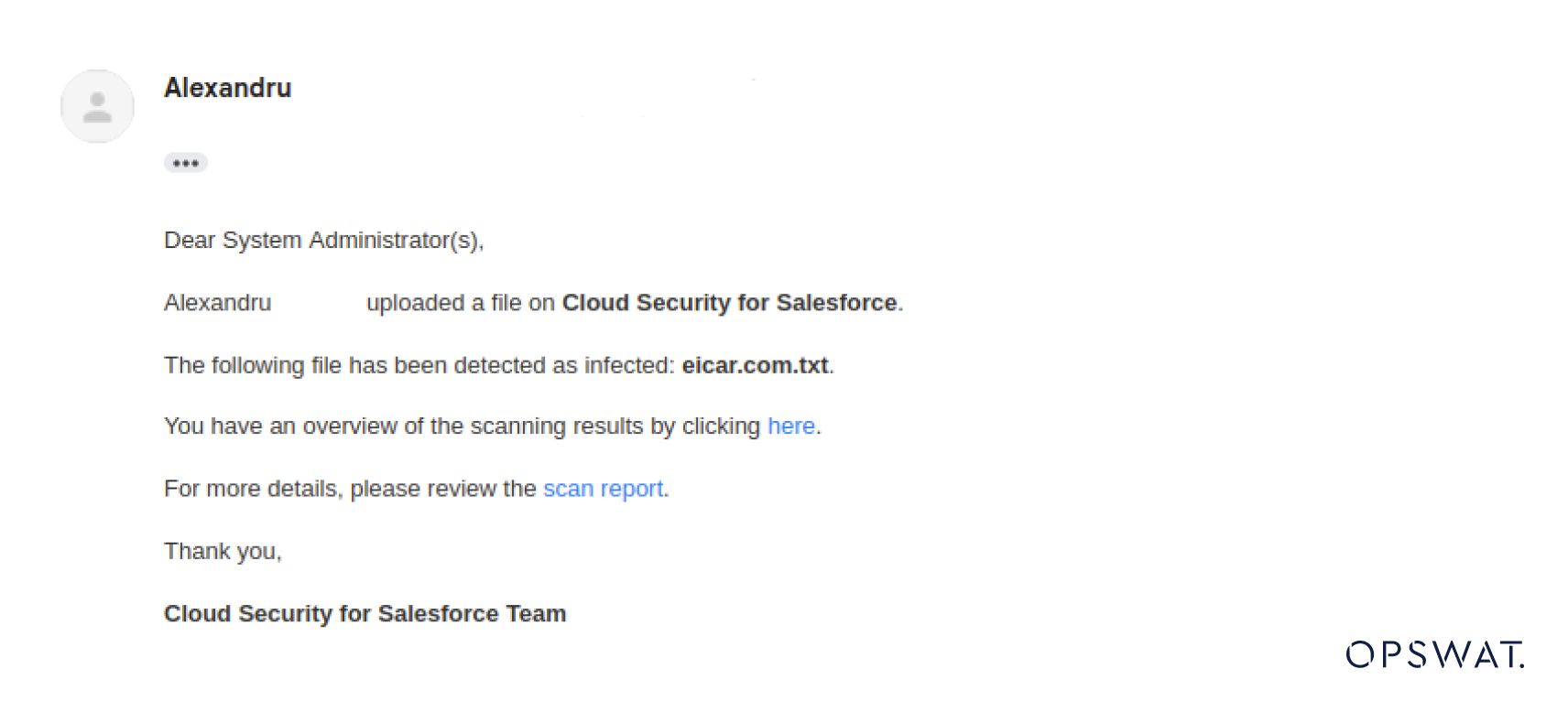 Salesforce で感染ファイルが検出された場合にシステム管理者に送信される電子メール通知の例