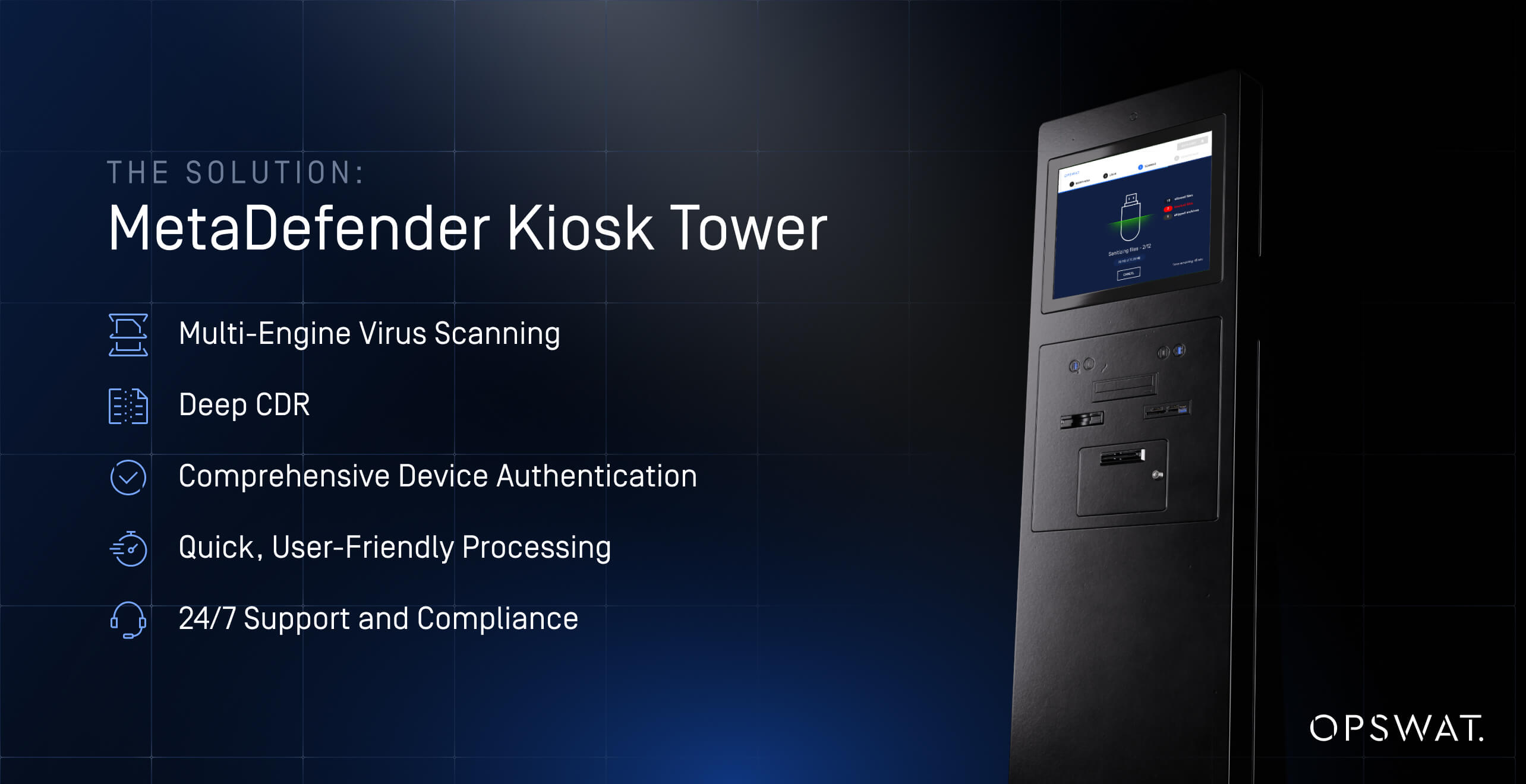 Vizual al MetaDefender Kiosk Tower care evidențiază caracteristici precum scanarea virușilor, Deep CDR, autentificarea dispozitivelor și procesarea ușor de utilizat