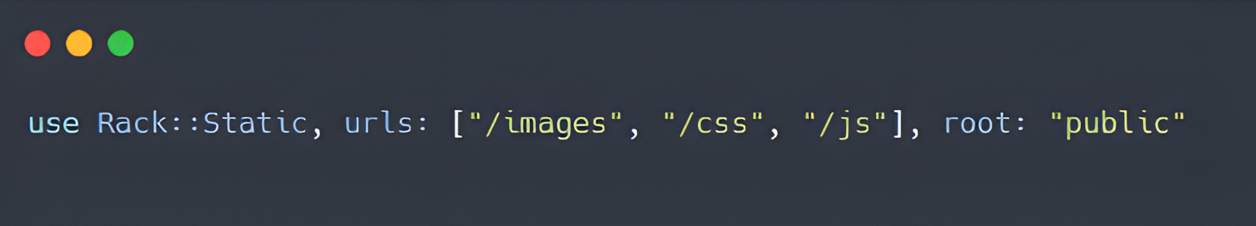 Code screenshot illustrating Rack::Static :urls option configuration in a Ruby application
