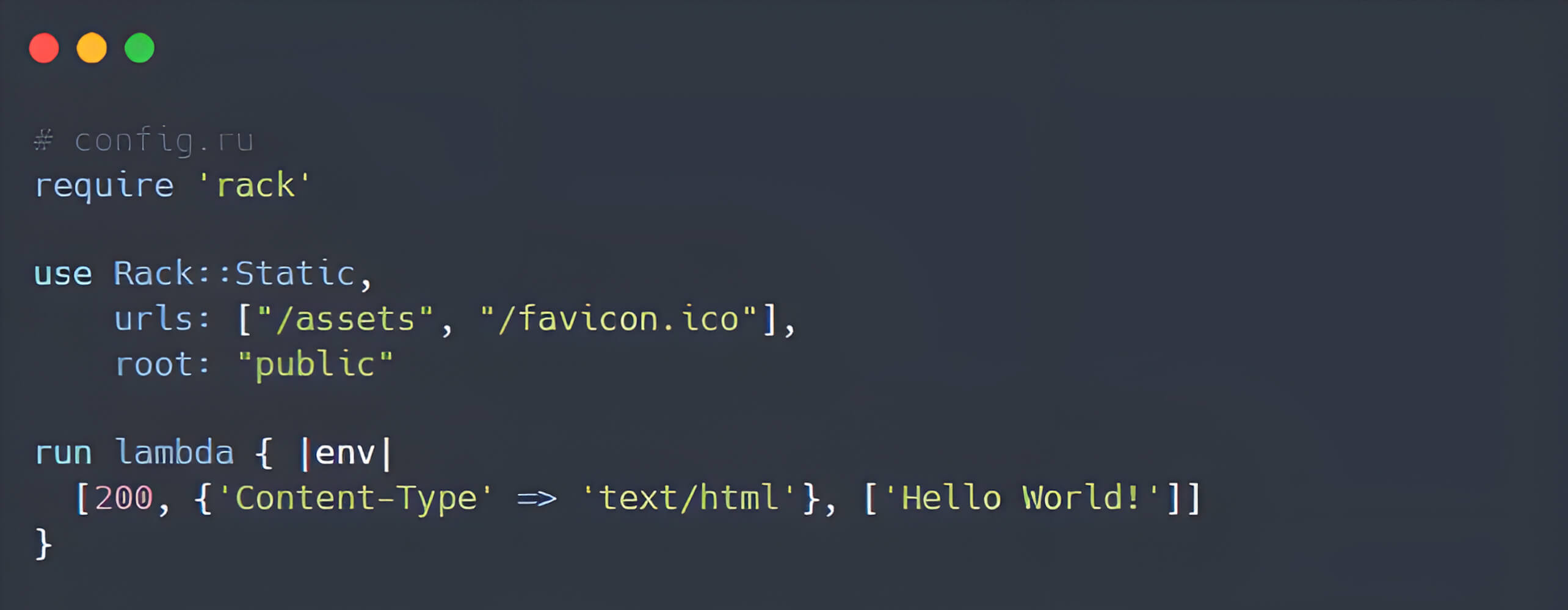 Code screenshot depicting a practical example of Rack::Static configuration for static content