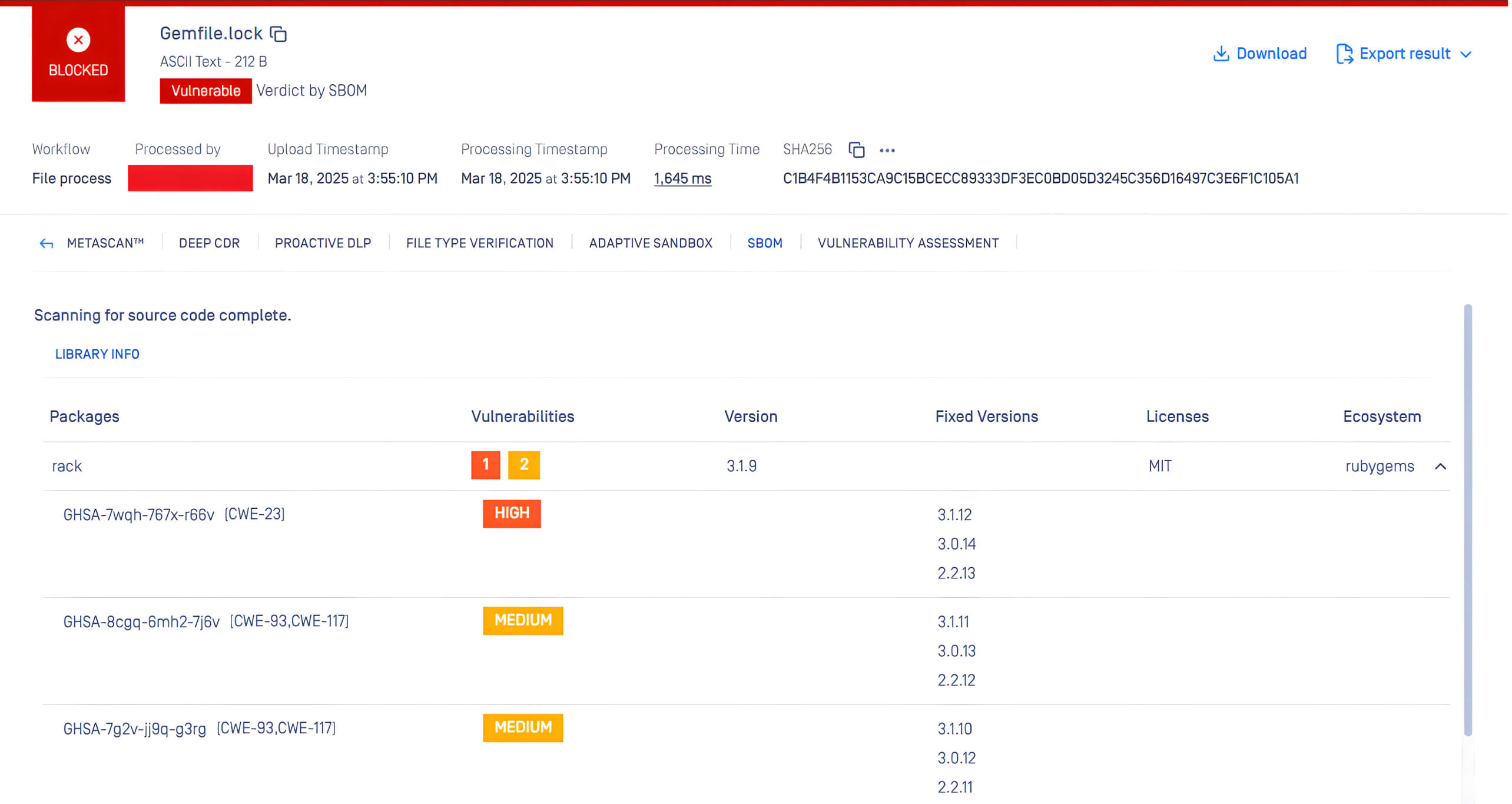 Dashboard screenshot showing MetaDefender Core detecting Rack Ruby framework vulnerabilities