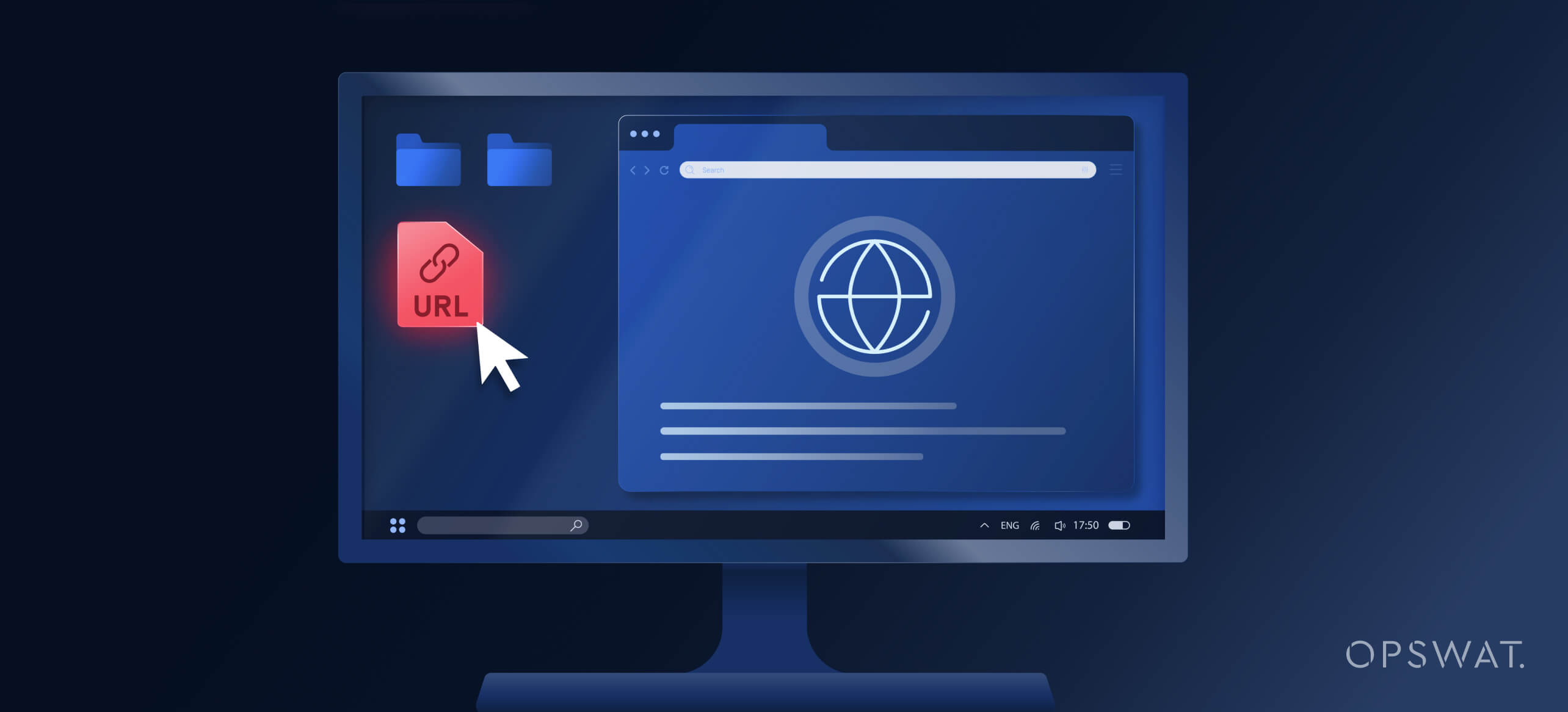 Illustration eines Computerbildschirms mit einem hervorgehobenen Symbol für Url-Dateien und einem Webbrowser-Fenster