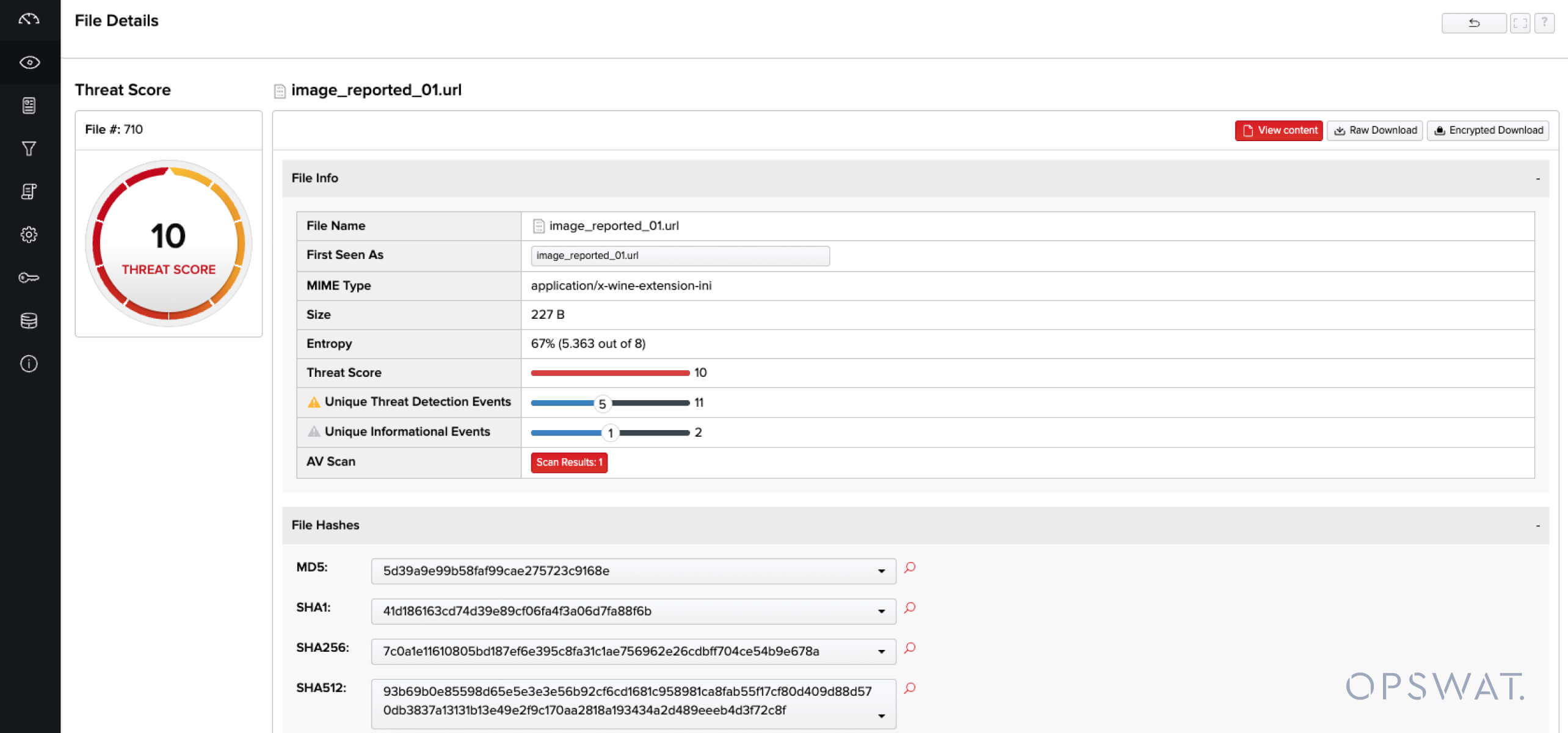 FileTAC interface showing static analysis of malicious URL files with threat score and file details