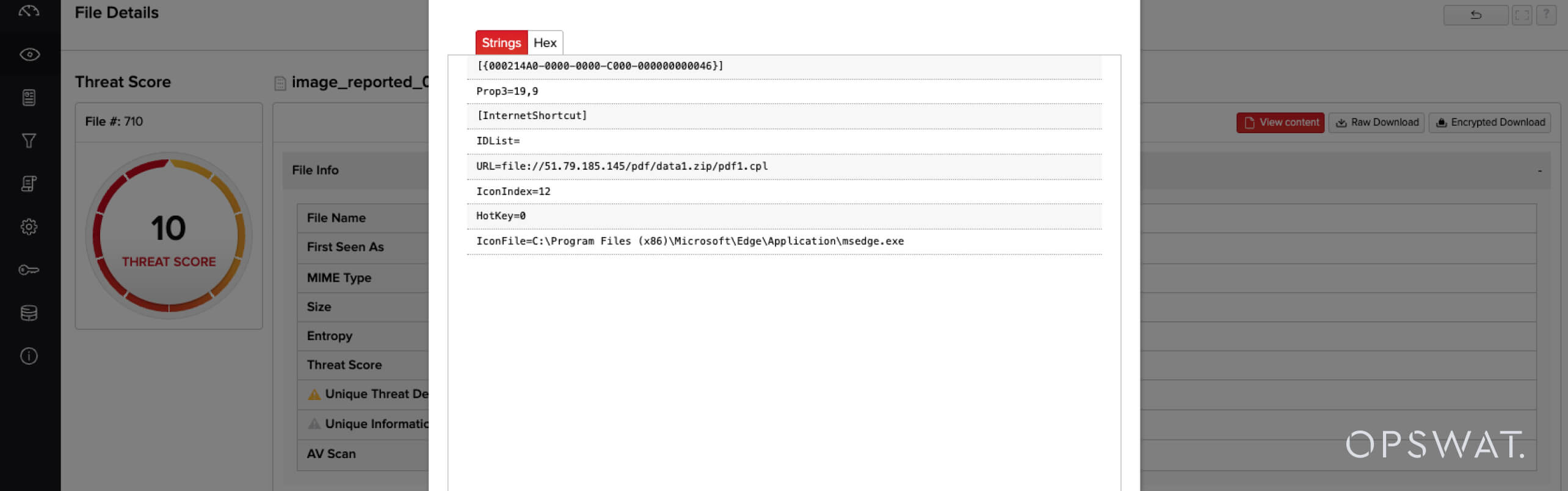 UI screenshot showing static analysis of malicious URL files with threat score and file details in FileTAC