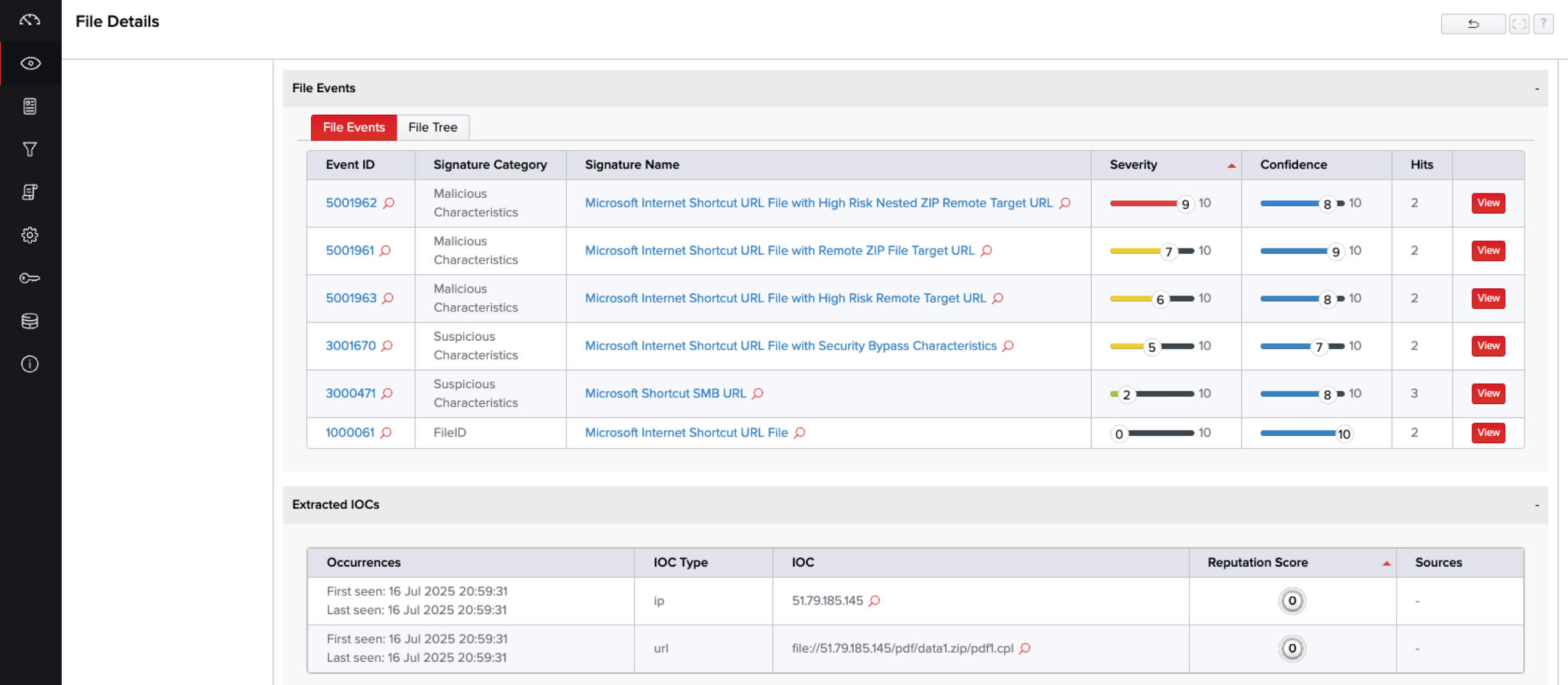 FileTAC interface showing static analysis of malicious URL files with event severity, confidence, and extracted IOCs