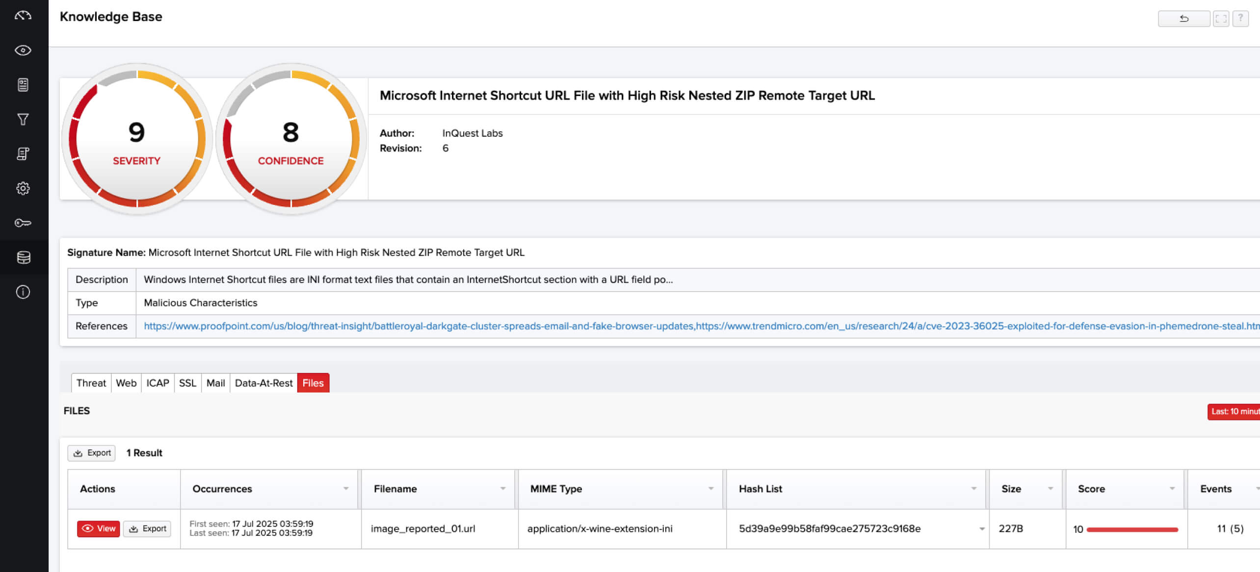 Dashboard showing static analysis of malicious URL files with severity and confidence scores for threat detection