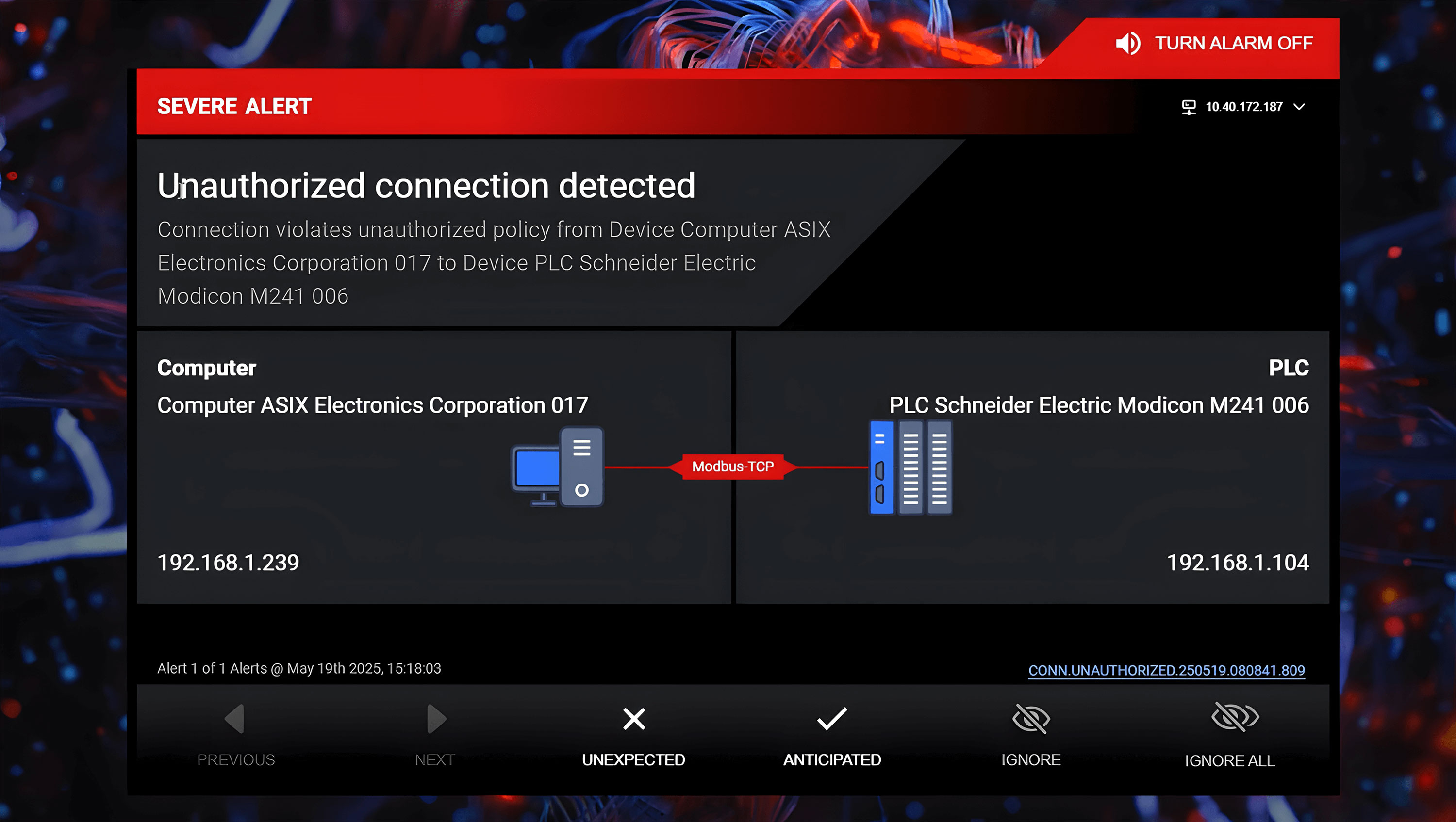 UI alert showing CVE discovery in Schneider Electric Devices with unauthorized Modbus-TCP connection detected