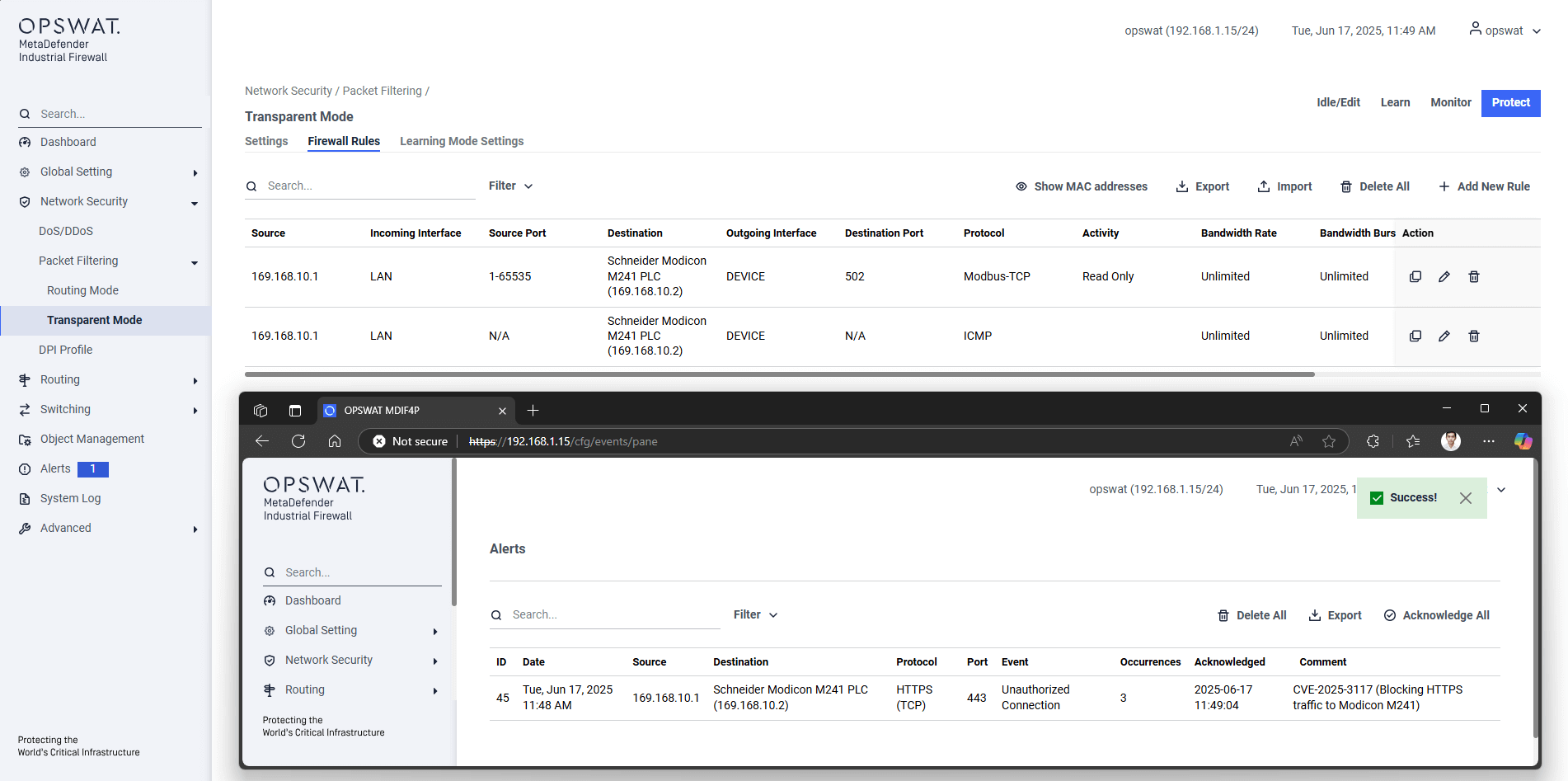 Firewall UI showing remediation for CVE discovery in Schneider Electric Devices with blocked unauthorized connection alert