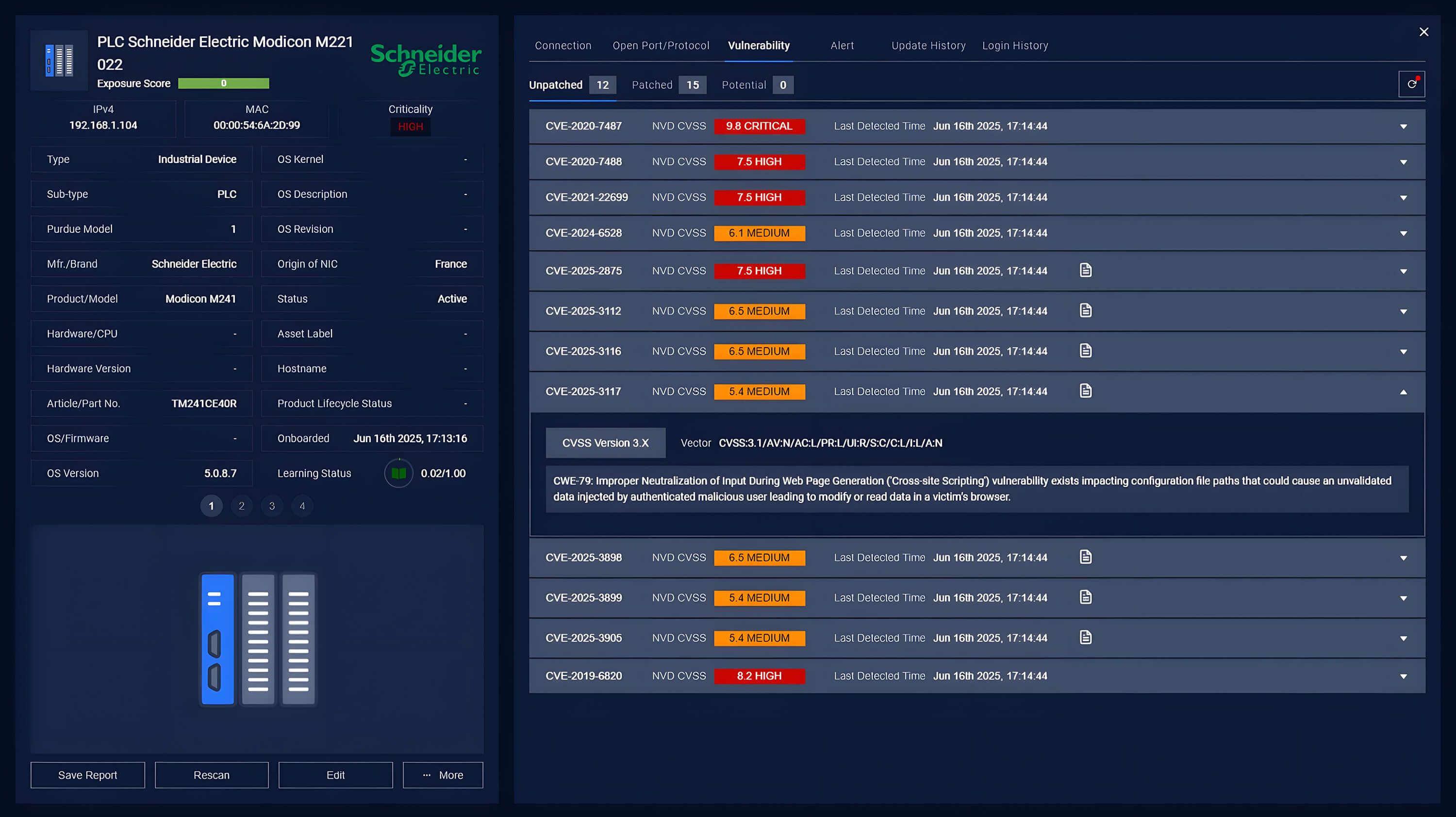 Dashboard showing CVE discovery in Schneider Electric Devices with vulnerability scores and remediation details