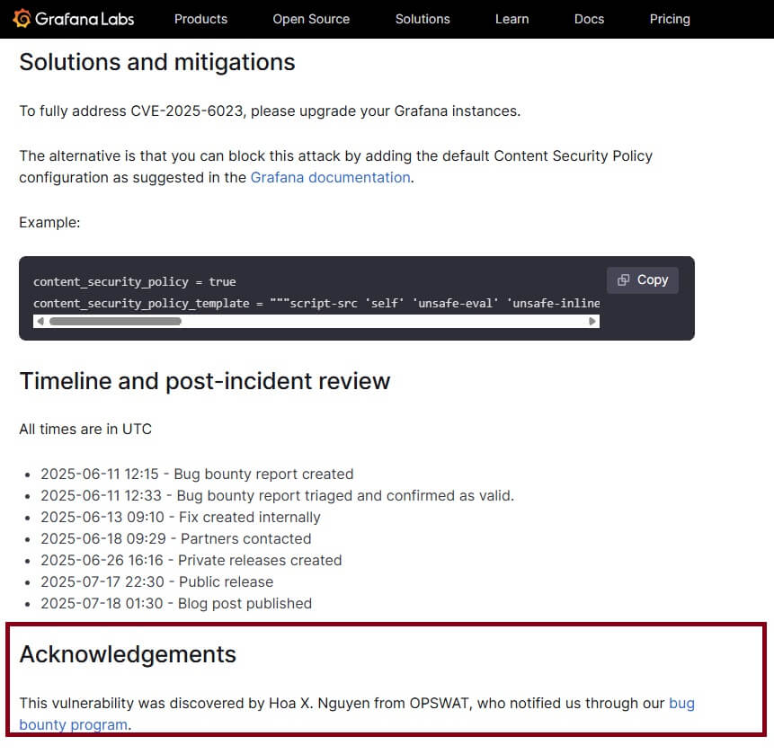 غرافانا CVE-2025-6023 الجدول الزمني وخطوات التخفيف من حدة المخاطر، بما في ذلك الإبلاغ عن الأخطاء وتواريخ الإصلاح ومثال على سياسة الأمان