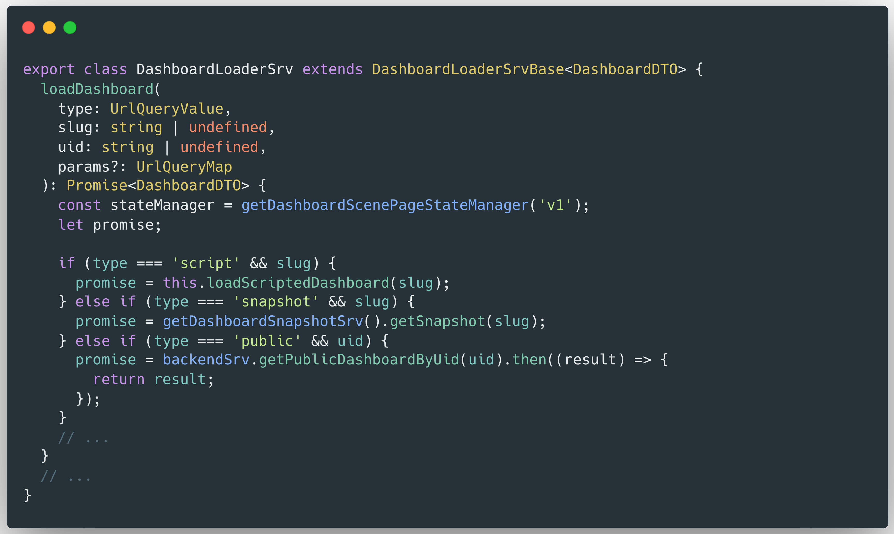 كود TypeScript لمنطق تحميل لوحة المعلومات في Grafana CVE-2025-6023، يوضح تحليل آلية البرمجة النصية
