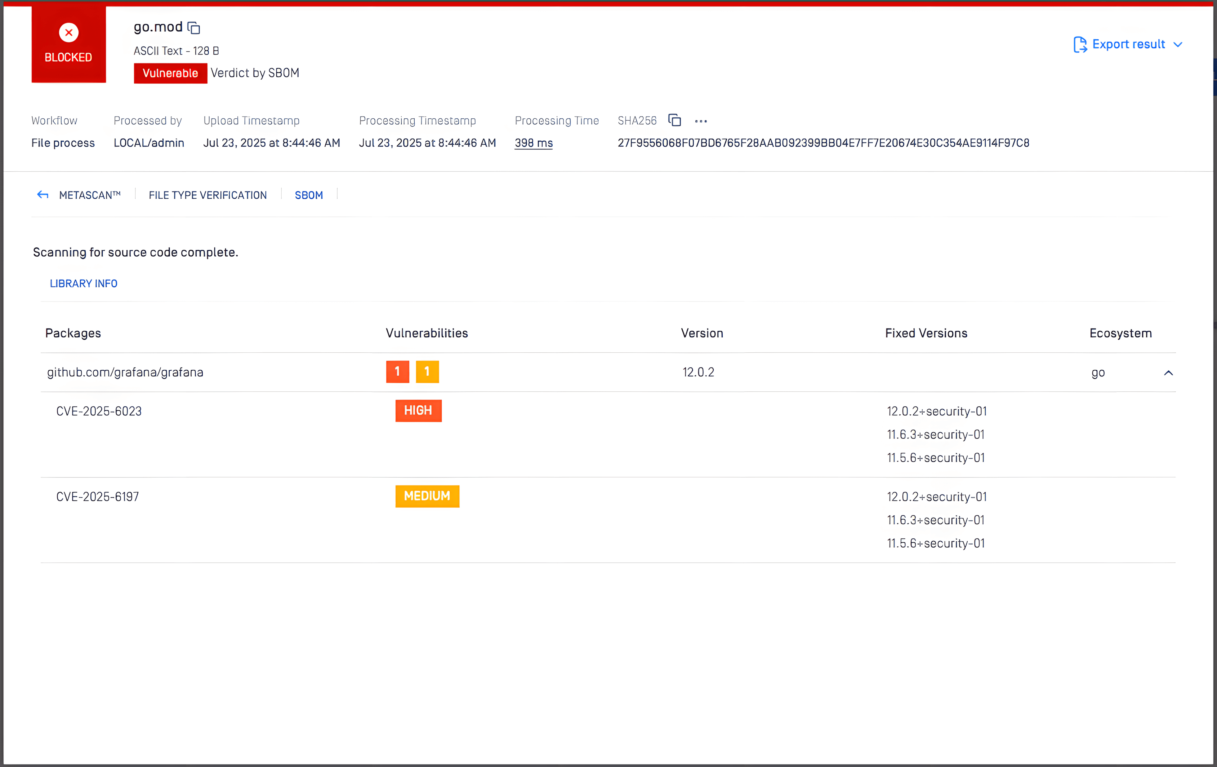 يكتشف محرك MetaDefender Core SBOM الثغرة الأمنية في Grafana CVE-2025-6023 باعتبارها عالية الخطورة في ملف go.mod