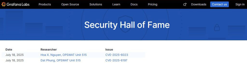 الجدول الزمني لجرافانا CVE-2025-6023 و CVE-2025-6197 الذي يعرض الجدول الزمني للباحثين وتواريخ الكشف في قاعة المشاهير الأمنية