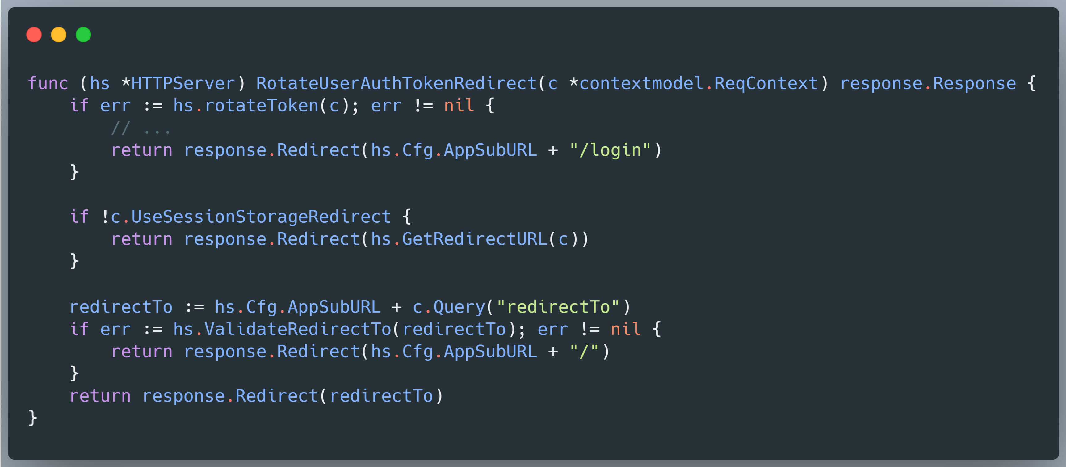 مقتطف كود Go يعرض منطق إعادة التوجيه المتعلق بتحليل التصحيح غير المكتمل لـ Grafana CVE-2025-6023